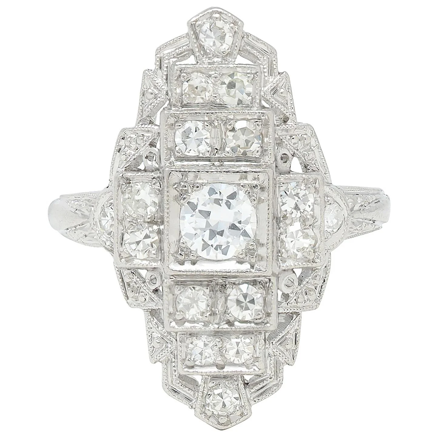 Art Deco 0.70 CTW Diamond Platinum Vintage Stepped Navette Dinner Ring