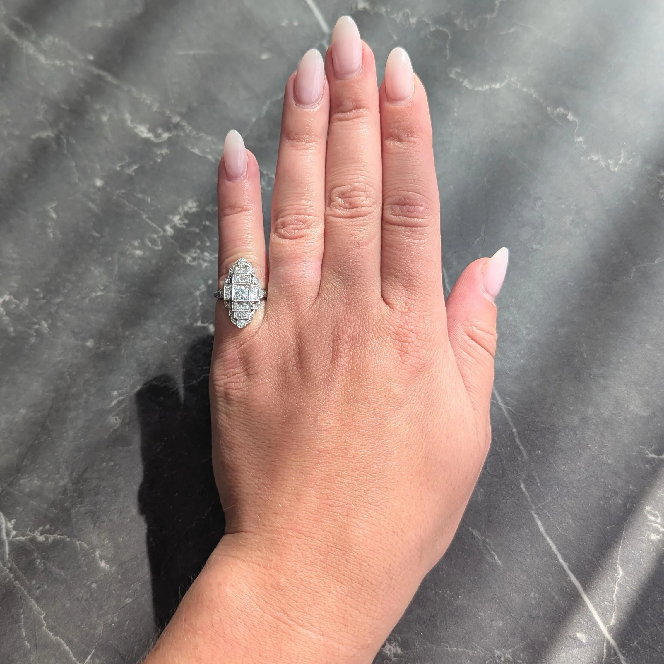Art Deco 0.70 CTW Diamond Platinum Vintage Stepped Navette Dinner Ring - Image 7