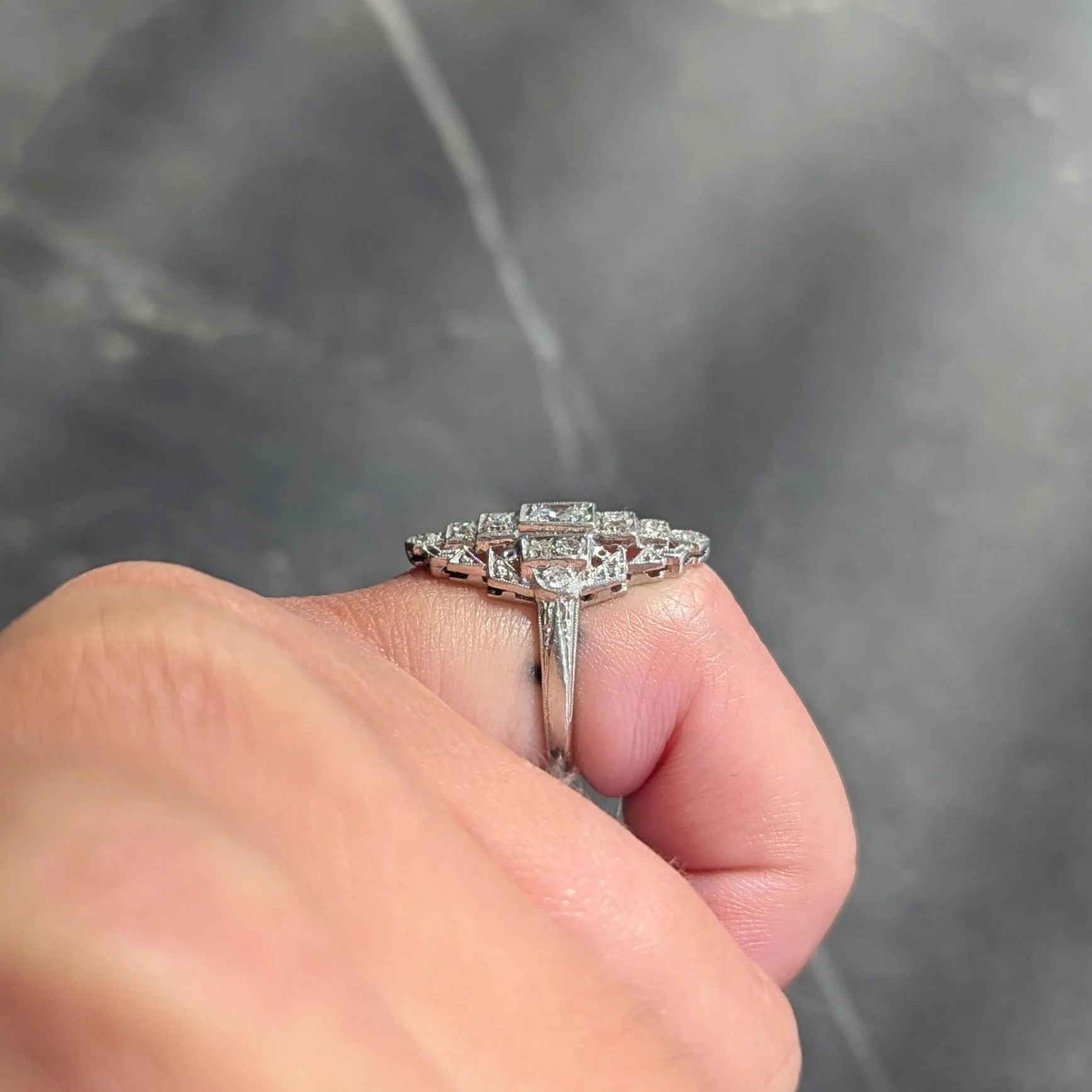 Art Deco 0.70 CTW Diamond Platinum Vintage Stepped Navette Dinner Ring - Image 9