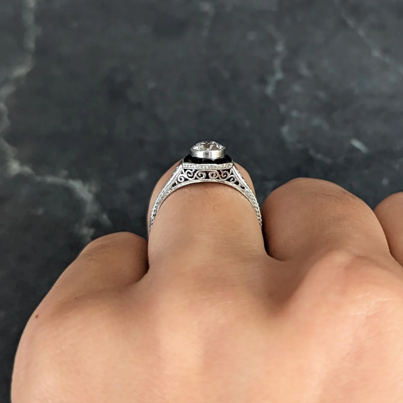 Art Deco 0.70 CTW Old European Cut Diamond French Cut Onyx Halo Scroll Clover Engagement Ring GIA - Image 15