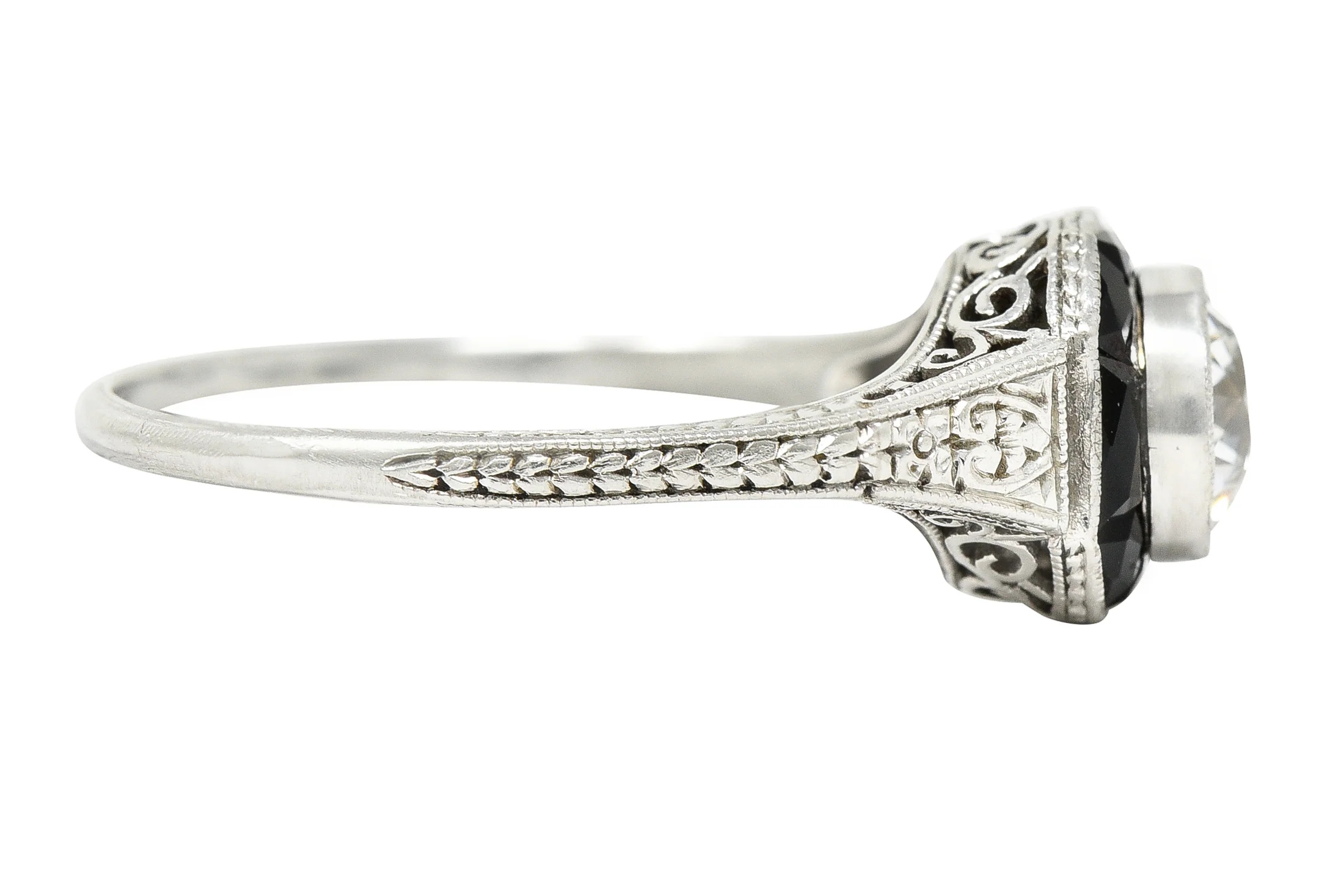 Art Deco 0.70 CTW Old European Cut Diamond French Cut Onyx Halo Scroll Clover Engagement Ring GIA - Image 4