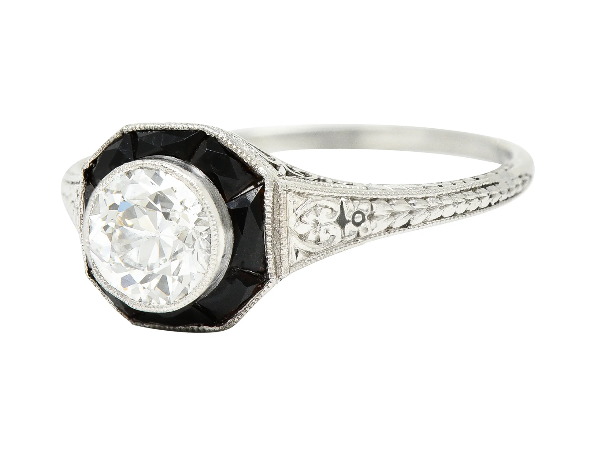 Art Deco 0.70 CTW Old European Cut Diamond French Cut Onyx Halo Scroll Clover Engagement Ring GIA - Image 7