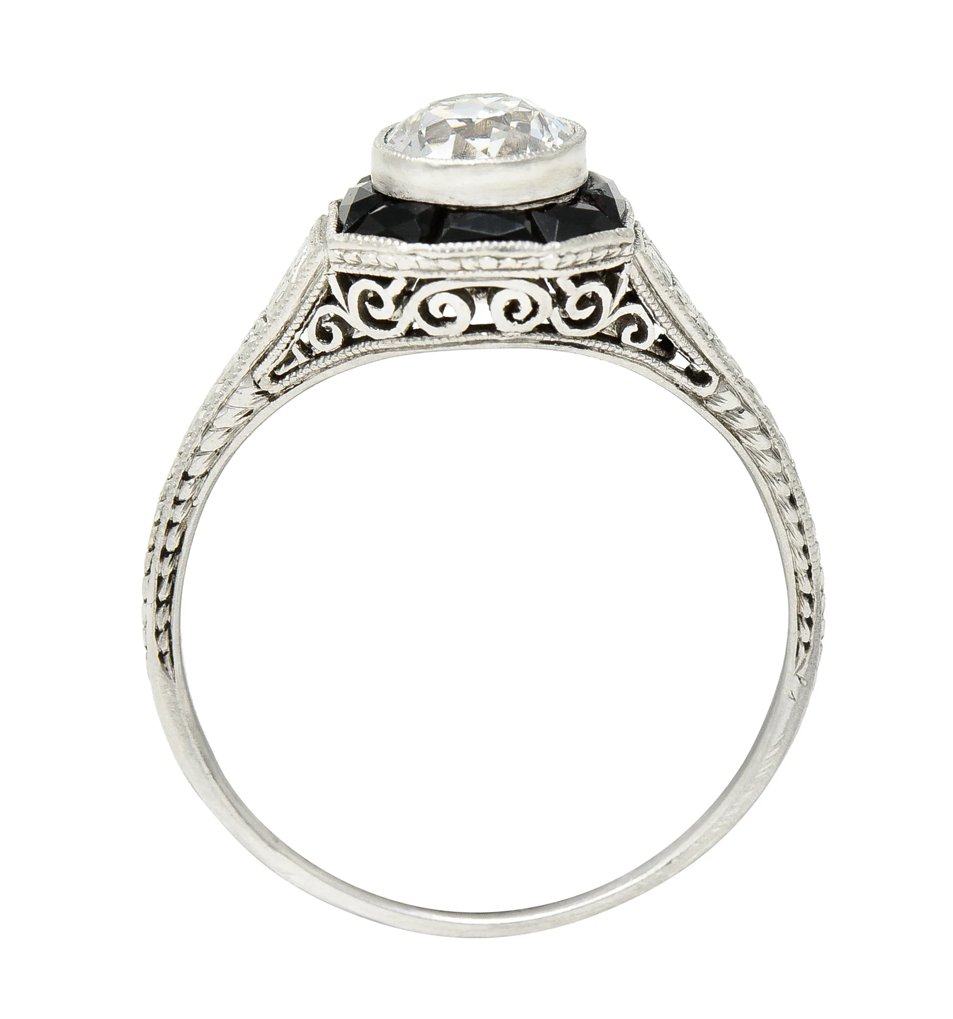 Art Deco 0.70 CTW Old European Cut Diamond French Cut Onyx Halo Scroll Clover Engagement Ring GIA - Image 9