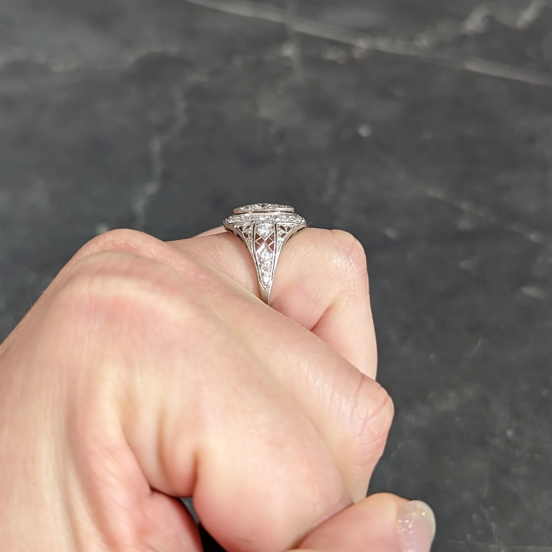 Art Deco 0.72 CTW Old European Cut Diamond Platinum Foliate Filigree Navette Dinner Ring - Image 13