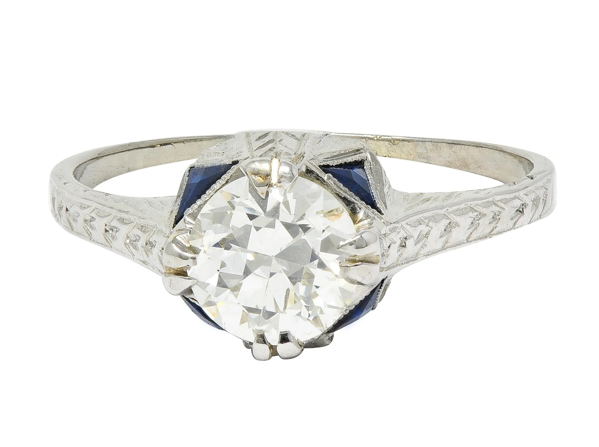 Art Deco 0.75 CTW Diamond Sapphire 18 White Gold Vintage Wheat Engagement Ring