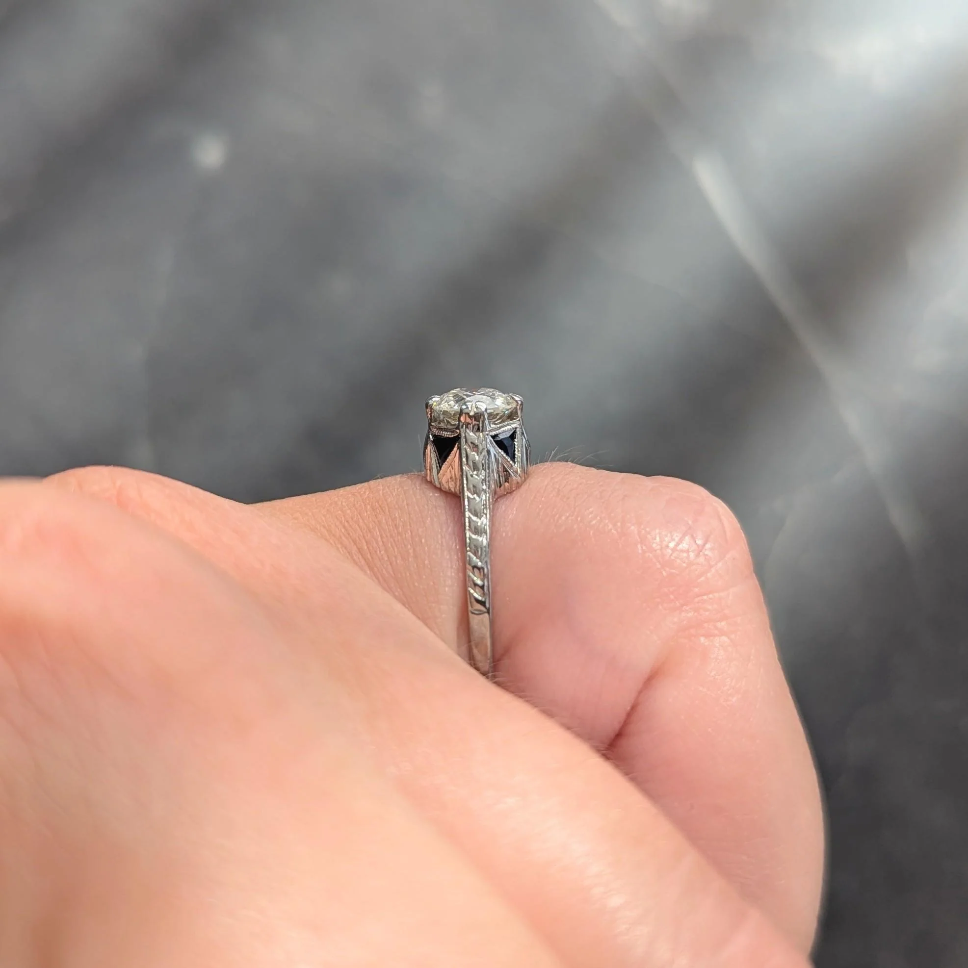 Art Deco 0.75 CTW Diamond Sapphire 18 White Gold Vintage Wheat Engagement Ring - Image 10