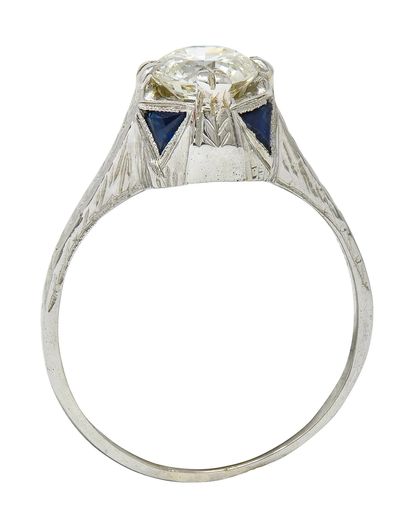 Art Deco 0.75 CTW Diamond Sapphire 18 White Gold Vintage Wheat Engagement Ring - Image 6