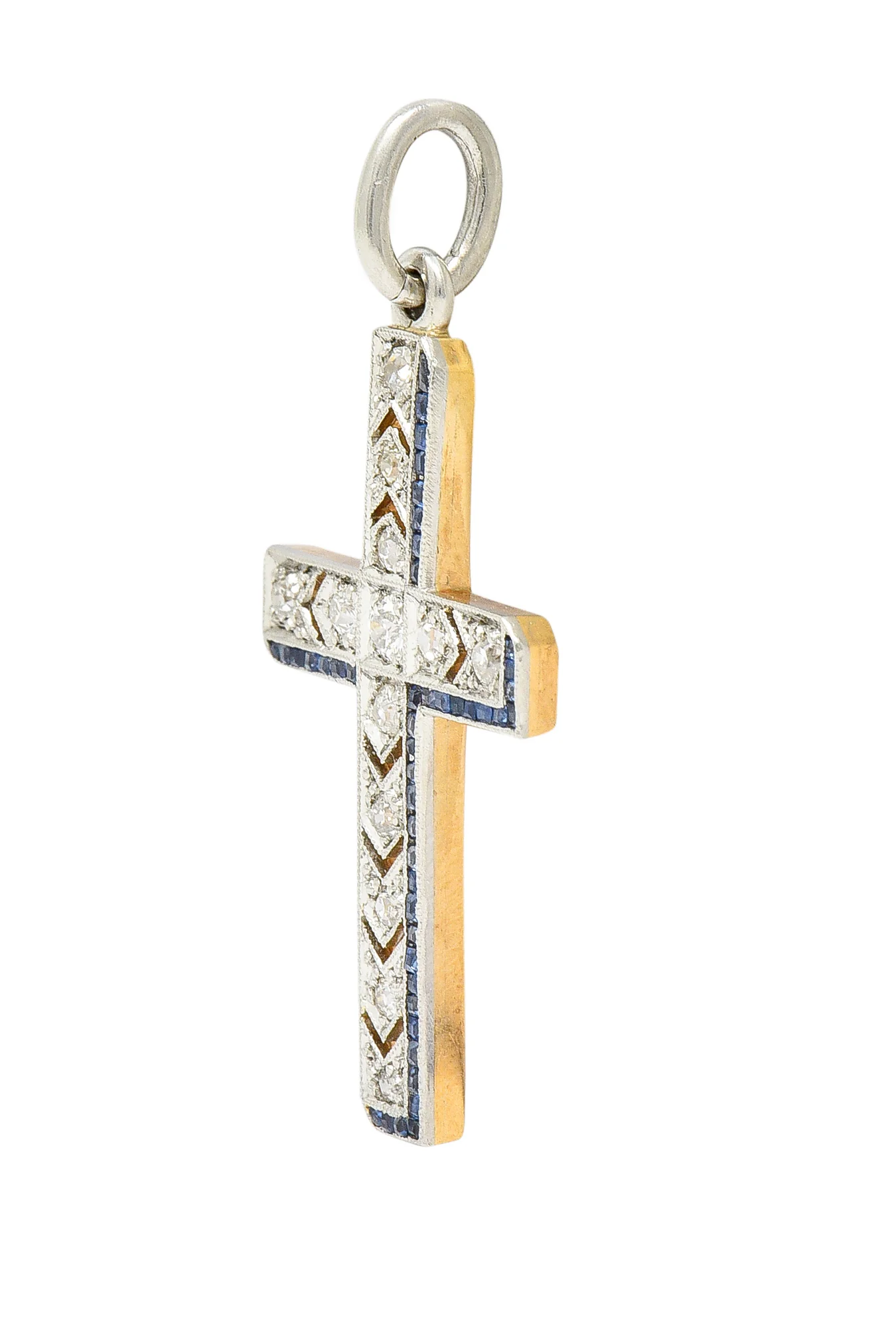 Art Deco 0.75 CTW Diamond Sapphire Platinum-Topped 14 Karat Yellow Gold Arrow Cross Pendant - Image 4