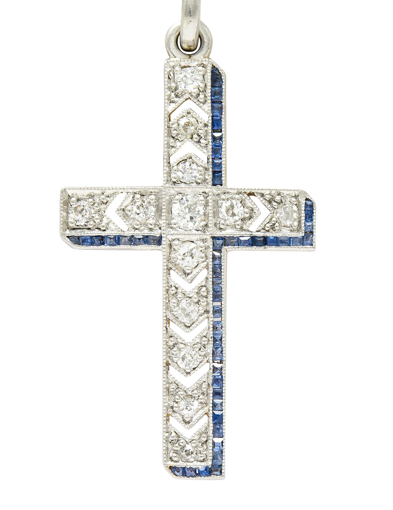 Art Deco 0.75 CTW Diamond Sapphire Platinum-Topped 14 Karat Yellow Gold Arrow Cross Pendant - Image 5