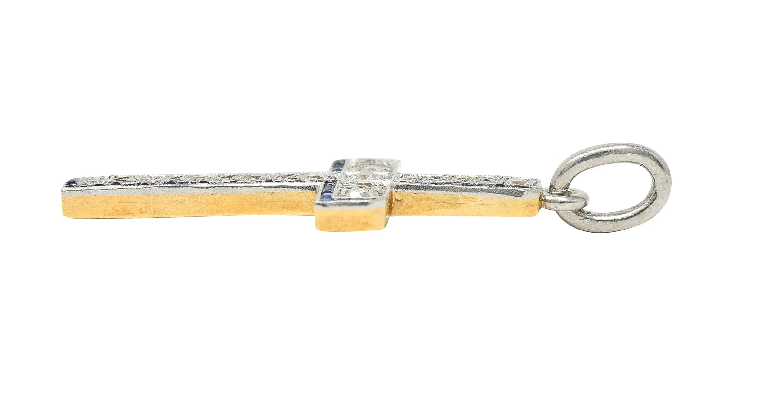 Art Deco 0.75 CTW Diamond Sapphire Platinum-Topped 14 Karat Yellow Gold Arrow Cross Pendant - Image 7