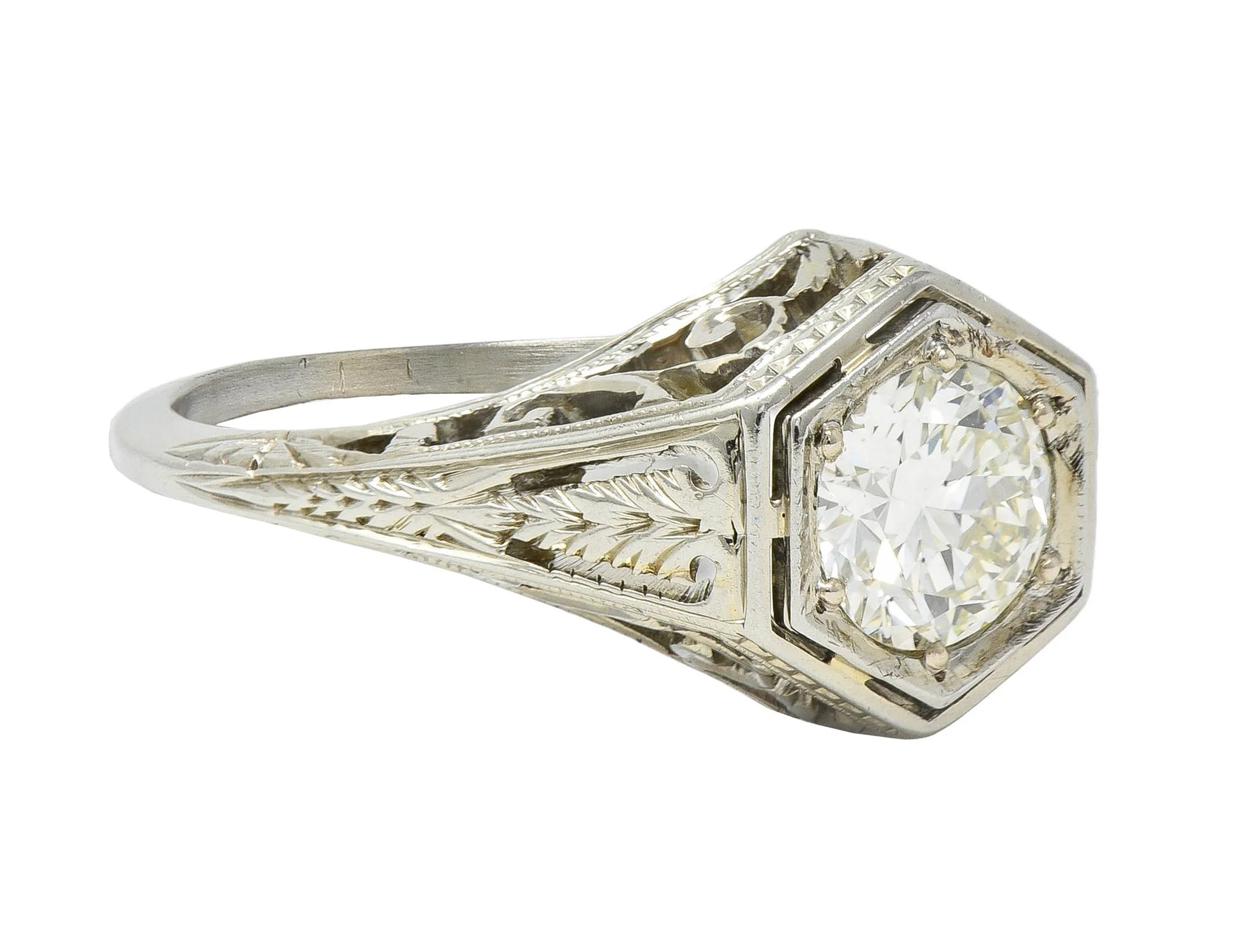 Art Deco 0.77 CTW Diamond 18 Karat Gold Vintage Foliate Engagement Ring - Image 2