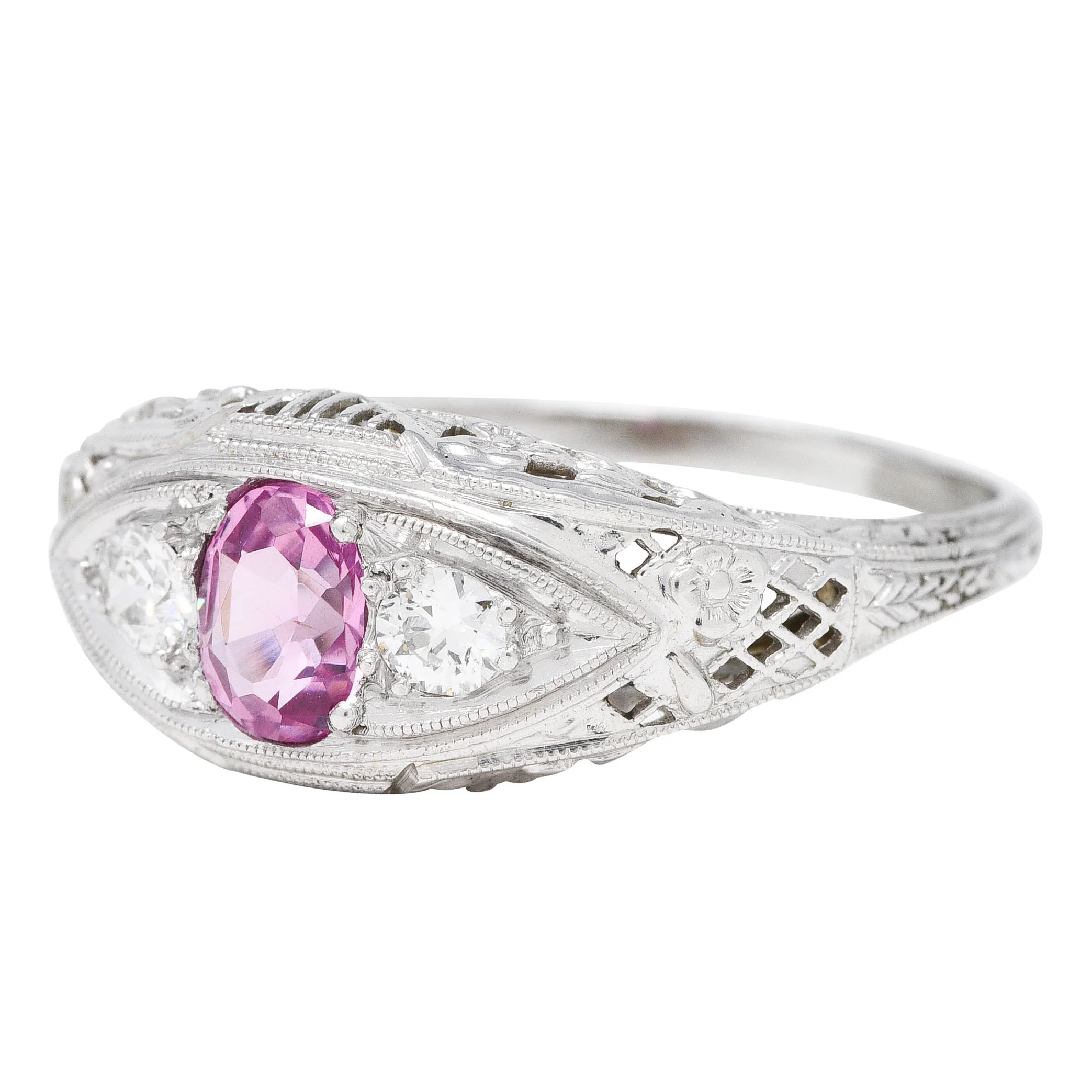 Art Deco 0.80 CTW Oval Cut Pink Sapphire Diamond 18 Karat White Gold Floral Garland Three Stone Ring - Image 6