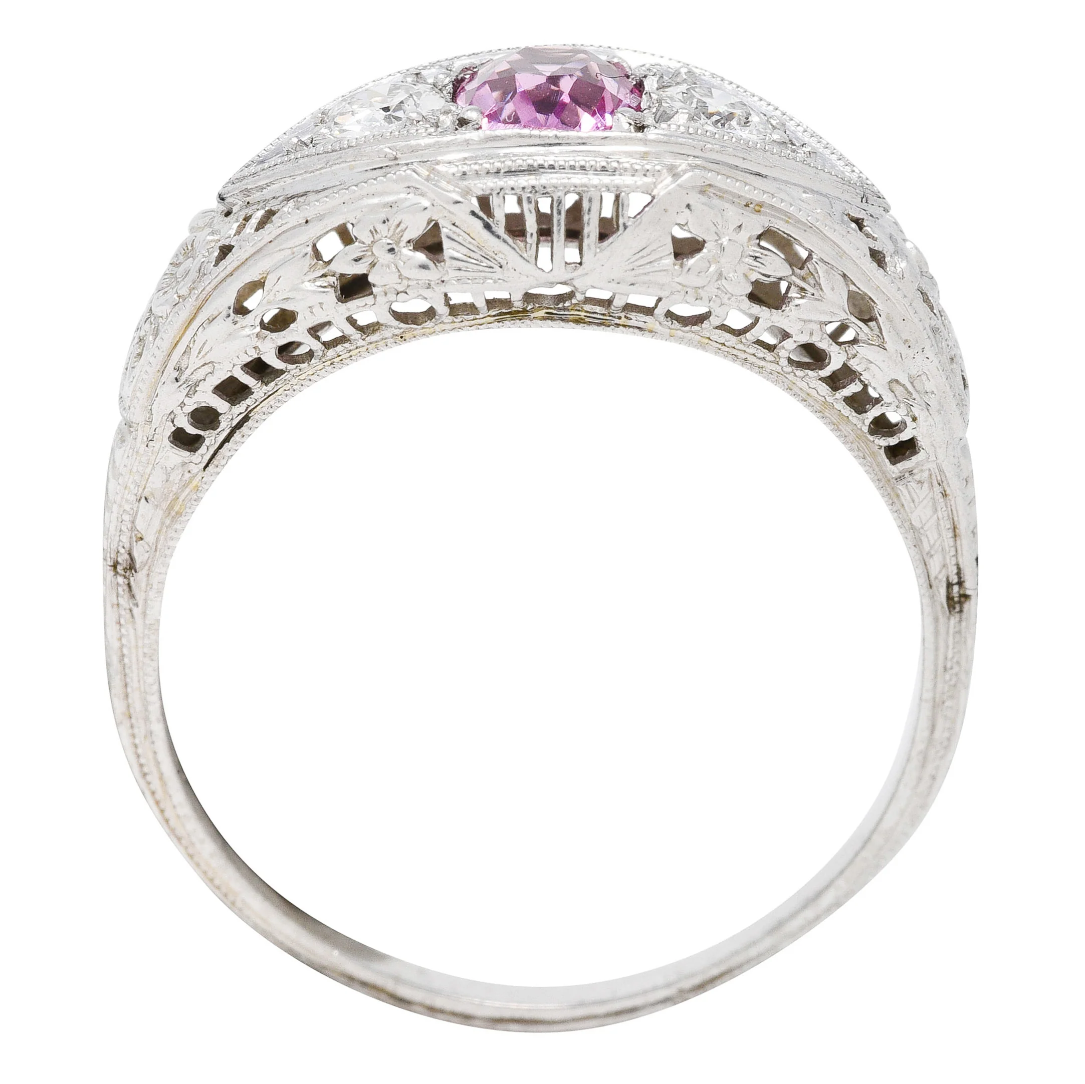 Art Deco 0.80 CTW Oval Cut Pink Sapphire Diamond 18 Karat White Gold Floral Garland Three Stone Ring - Image 8