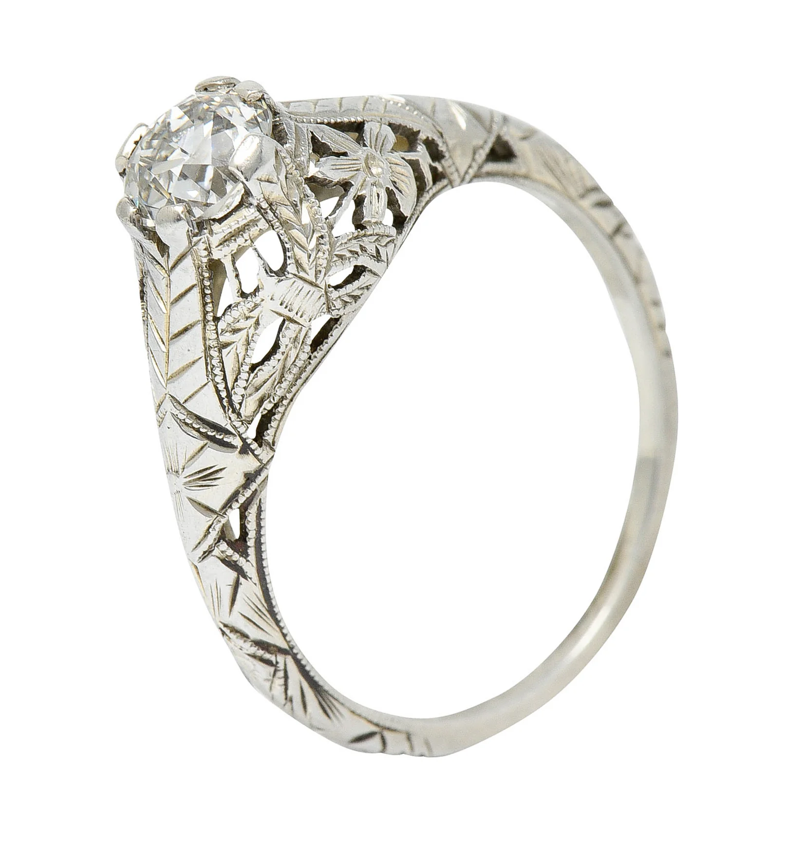 Art Deco 0.81 CTW Diamond 18 Karat White Gold Floral Engagement Ring GIA - Image 12