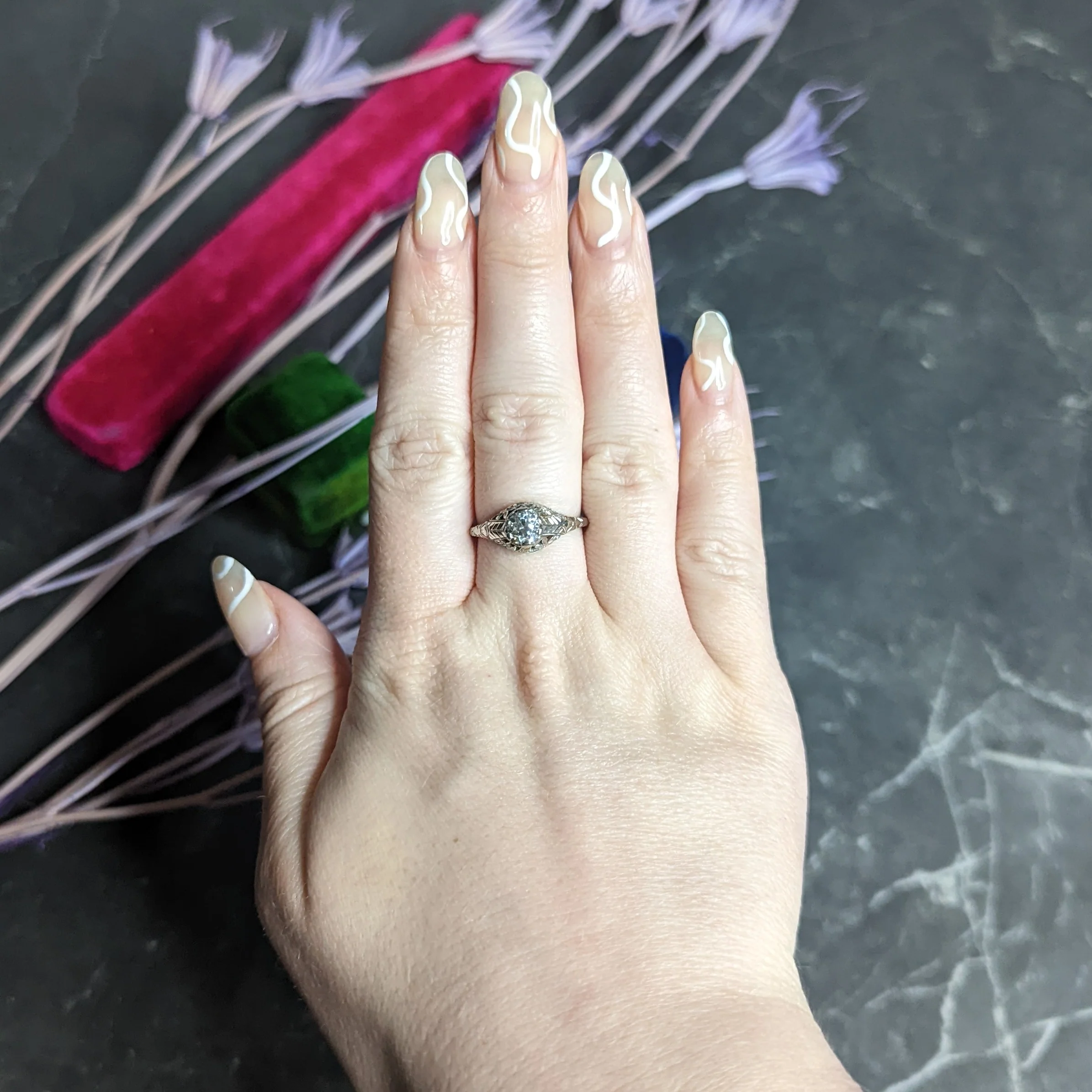 Art Deco 0.81 CTW Diamond 18 Karat White Gold Floral Engagement Ring GIA - Image 15