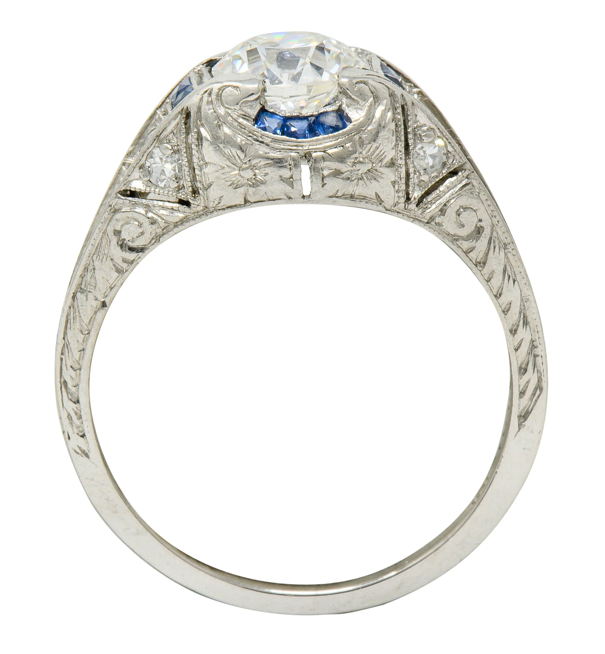Art Deco 0.84 CTW Diamond Sapphire Platinum Floral Engagement Ring - Image 10