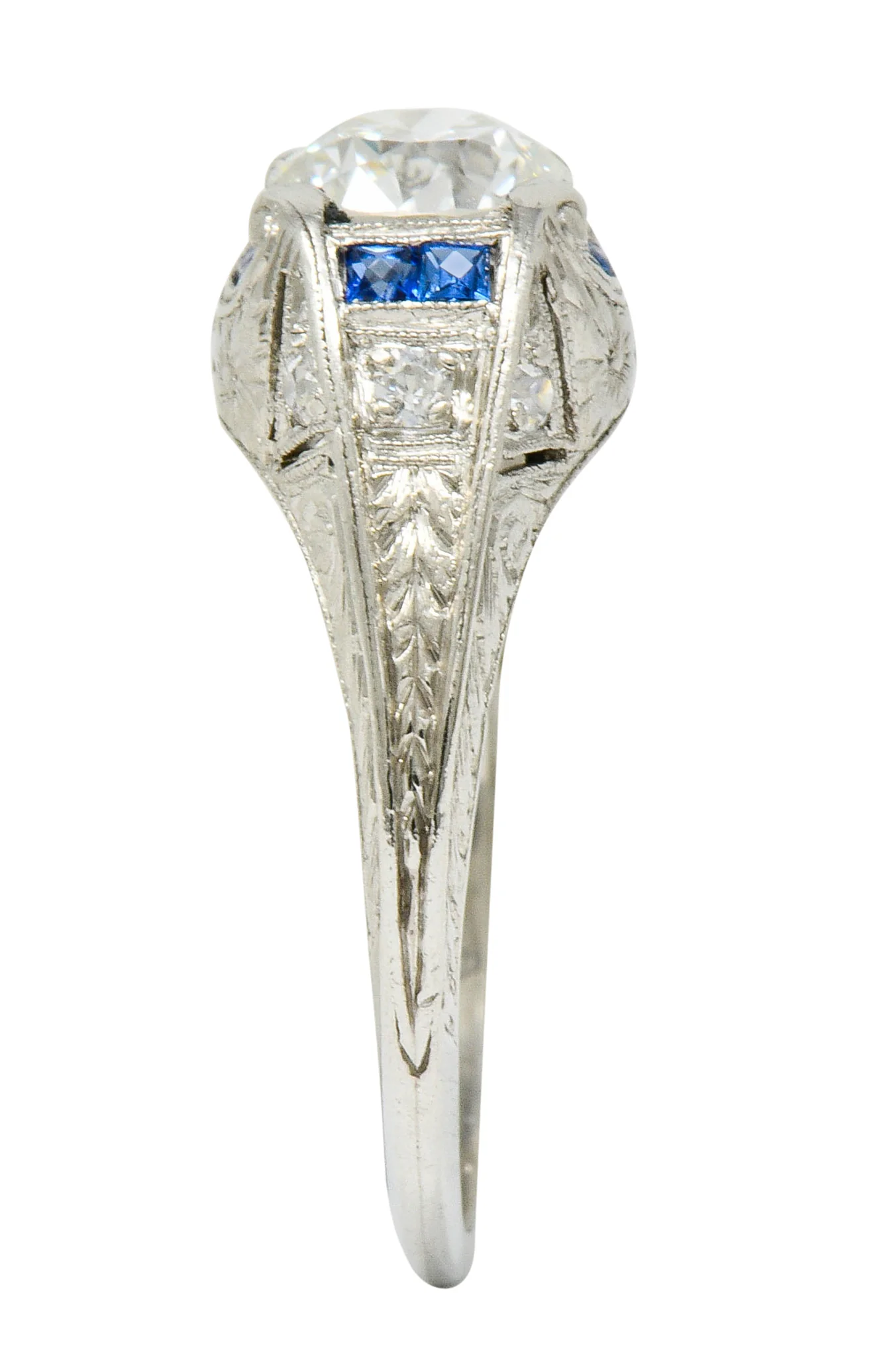 Art Deco 0.84 CTW Diamond Sapphire Platinum Floral Engagement Ring - Image 11