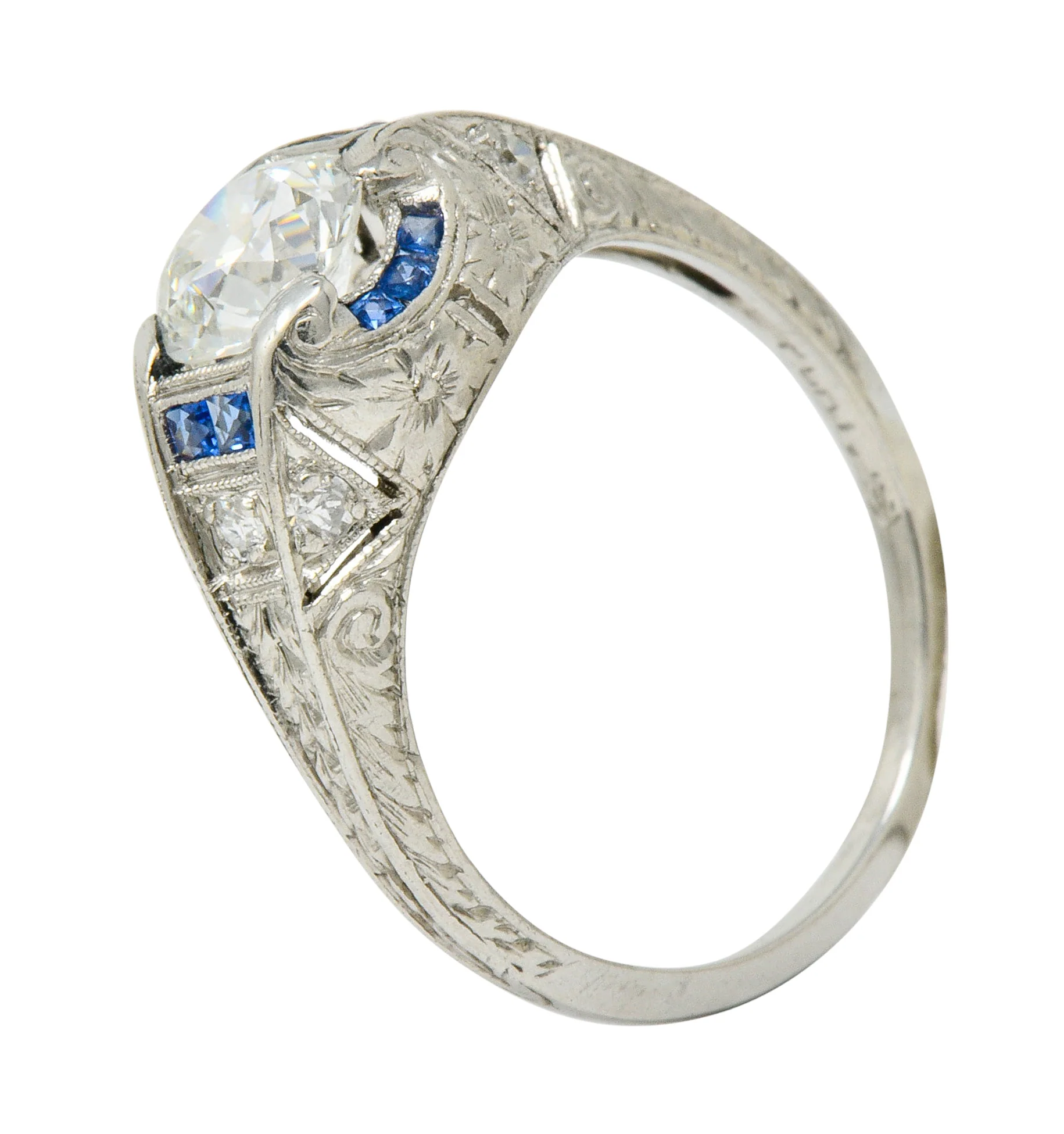 Art Deco 0.84 CTW Diamond Sapphire Platinum Floral Engagement Ring - Image 12
