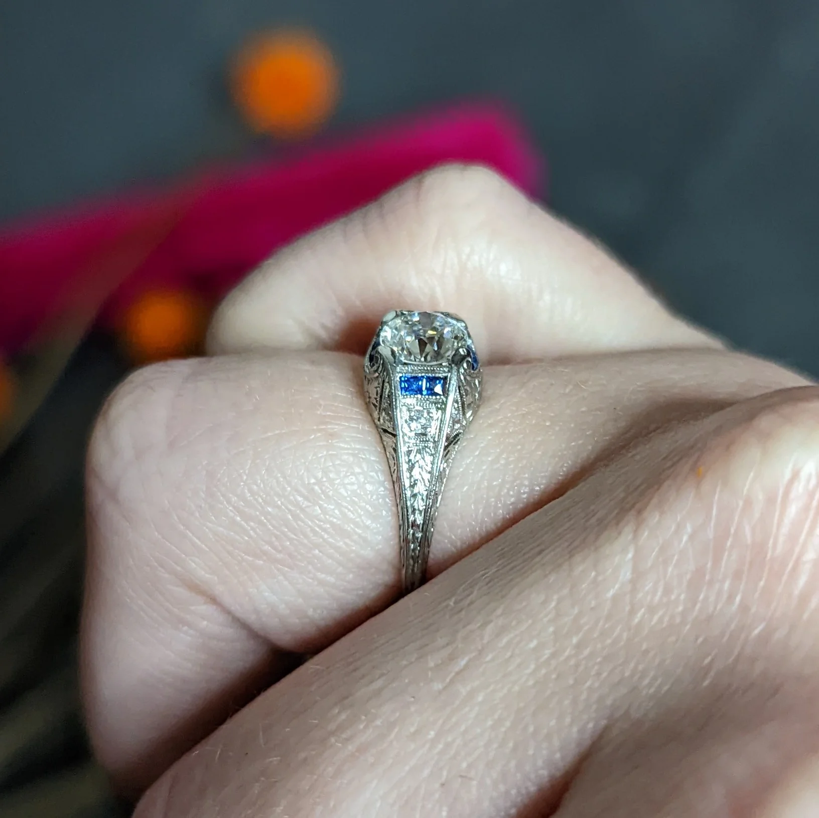 Art Deco 0.84 CTW Diamond Sapphire Platinum Floral Engagement Ring - Image 14
