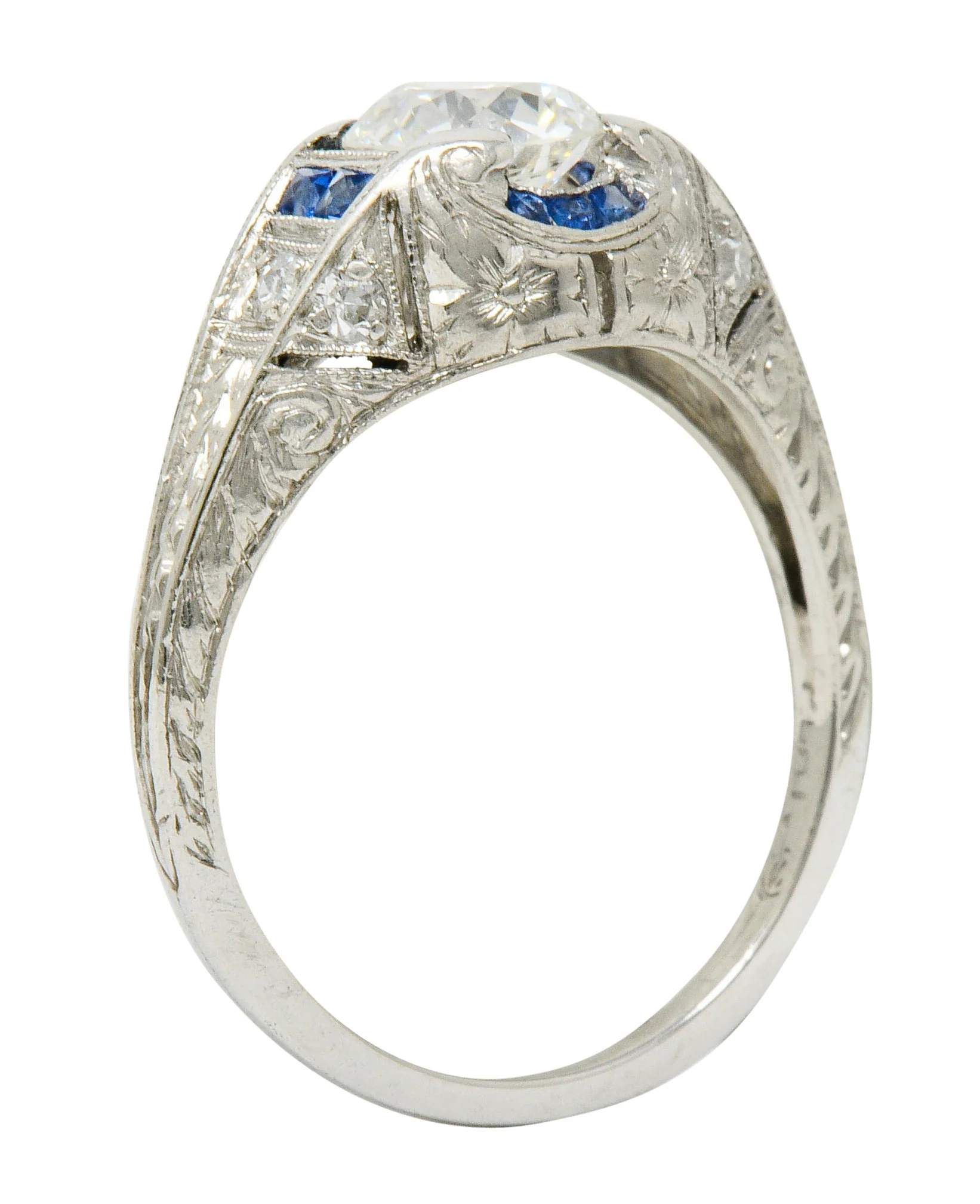 Art Deco 0.84 CTW Diamond Sapphire Platinum Floral Engagement Ring - Image 2