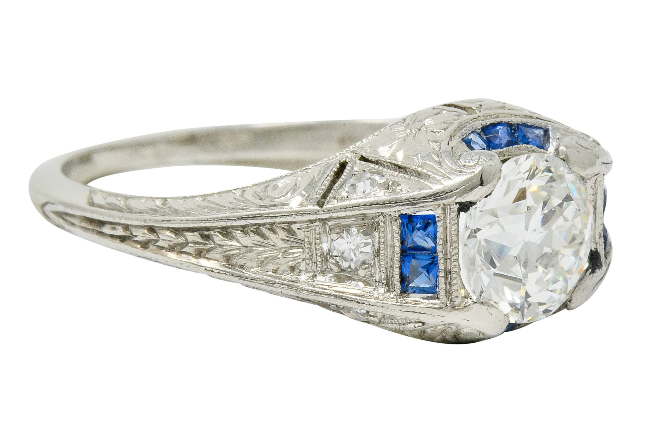 Art Deco 0.84 CTW Diamond Sapphire Platinum Floral Engagement Ring - Image 3