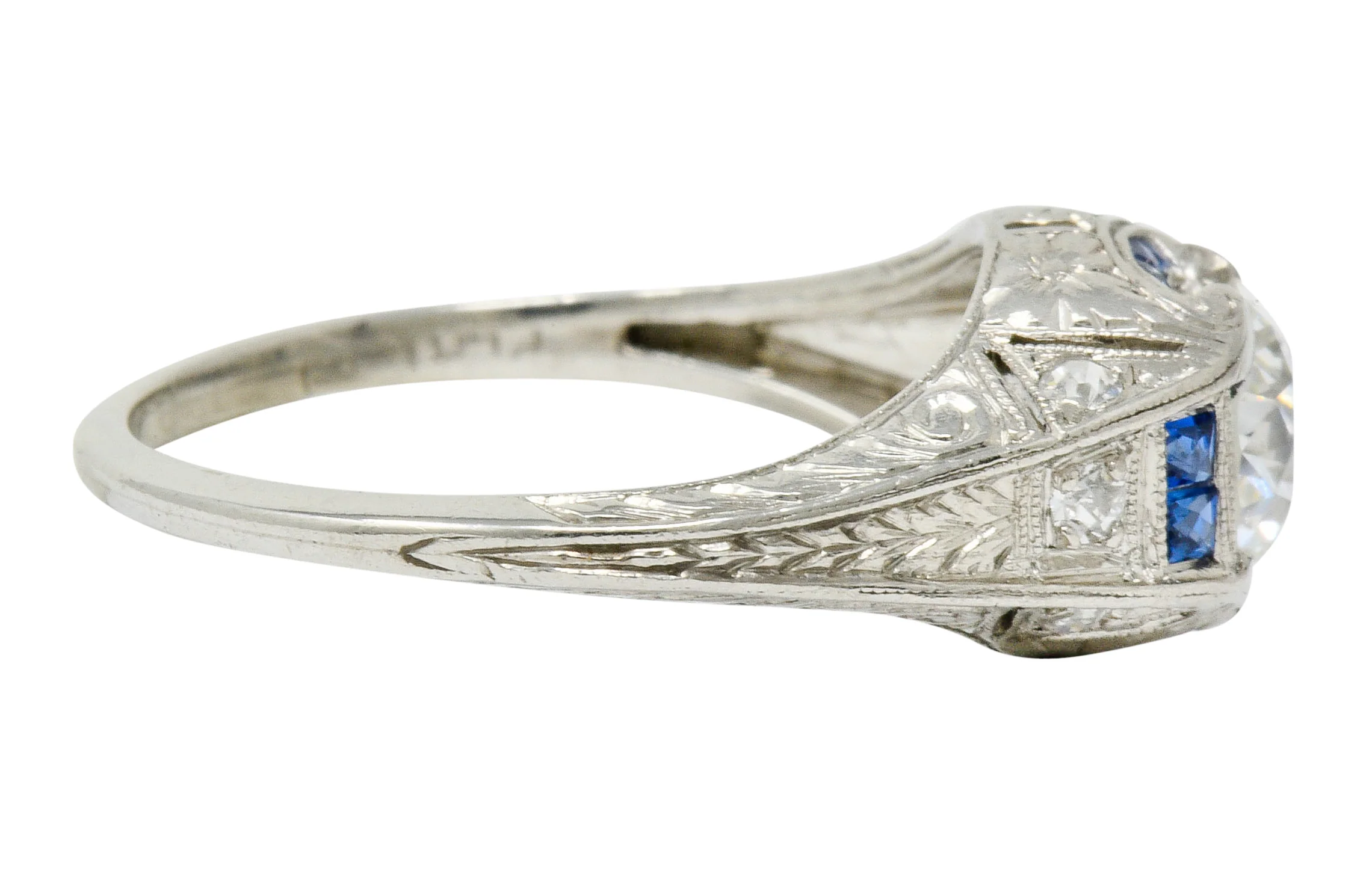 Art Deco 0.84 CTW Diamond Sapphire Platinum Floral Engagement Ring - Image 4