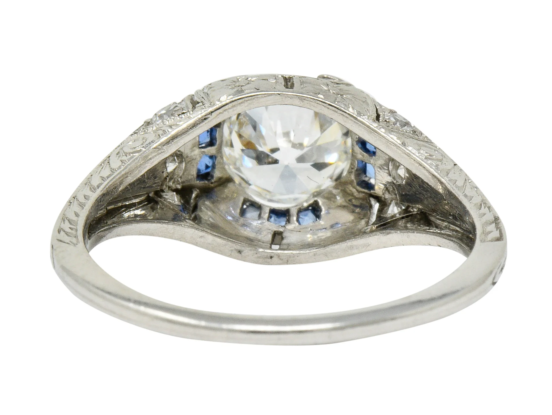 Art Deco 0.84 CTW Diamond Sapphire Platinum Floral Engagement Ring - Image 5