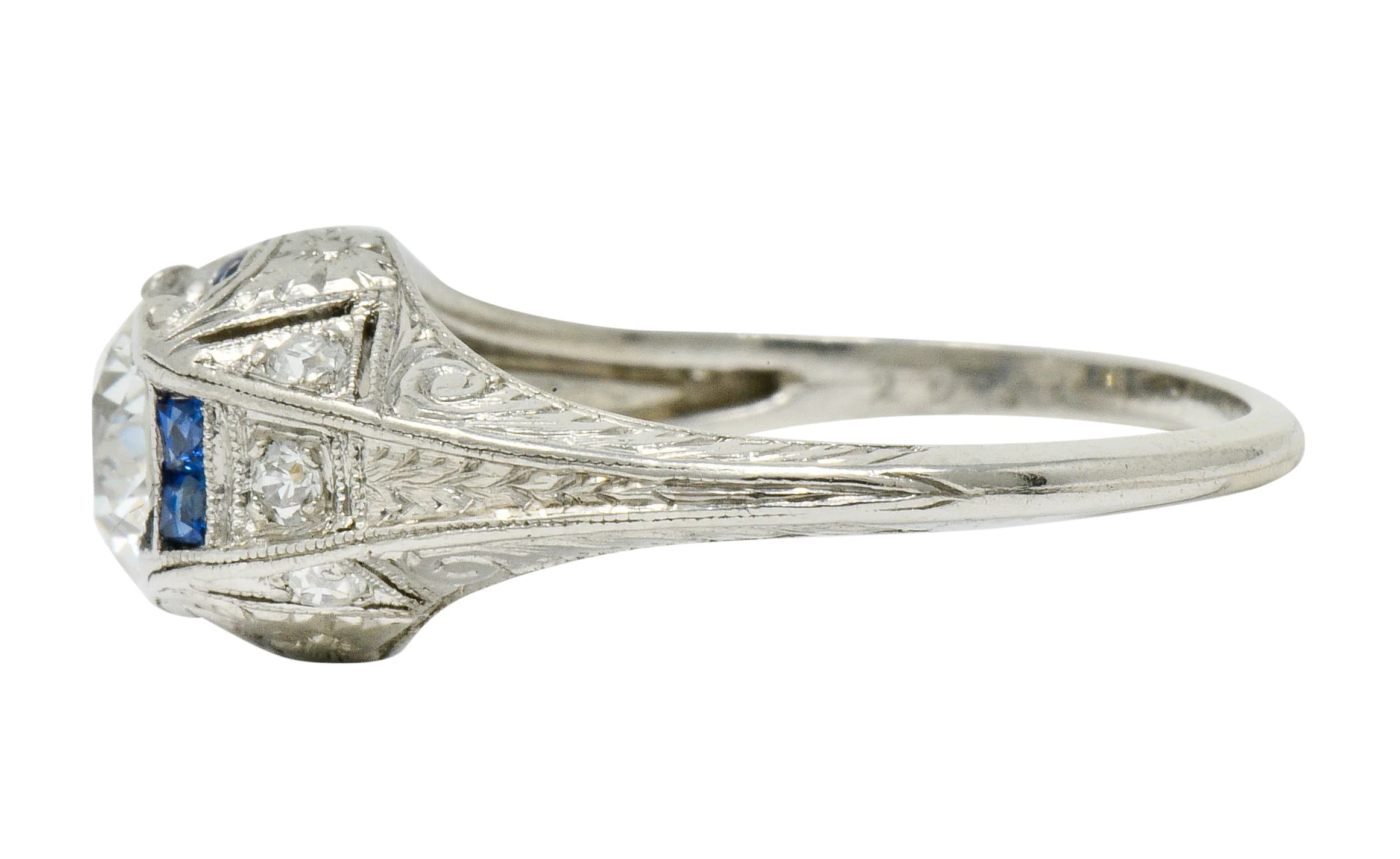 Art Deco 0.84 CTW Diamond Sapphire Platinum Floral Engagement Ring - Image 6