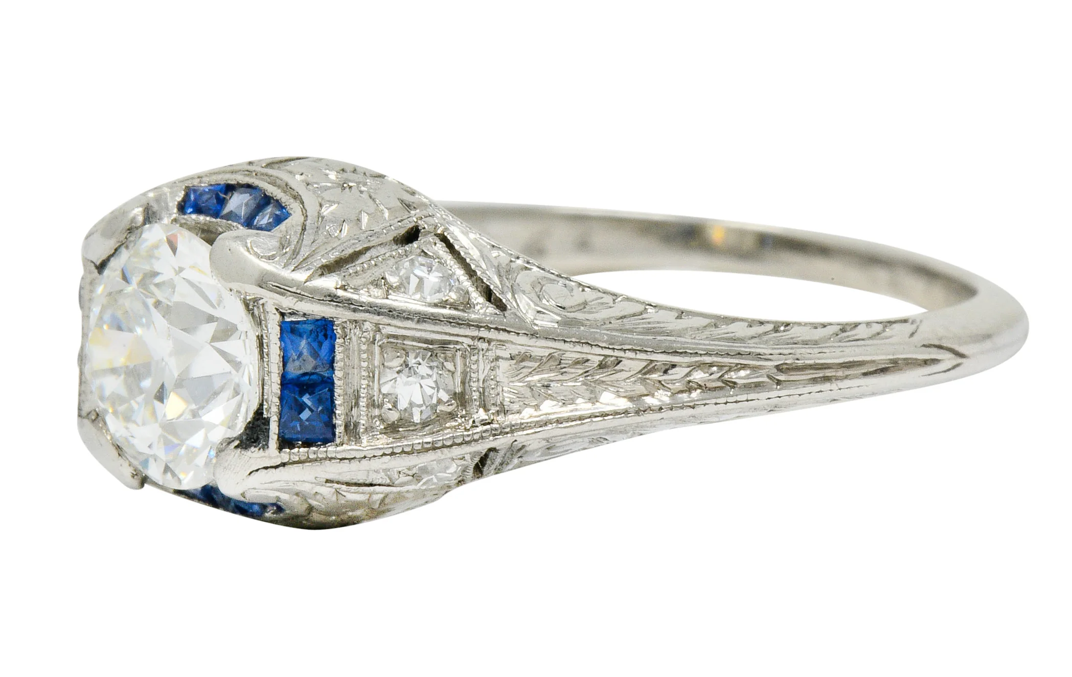 Art Deco 0.84 CTW Diamond Sapphire Platinum Floral Engagement Ring - Image 7