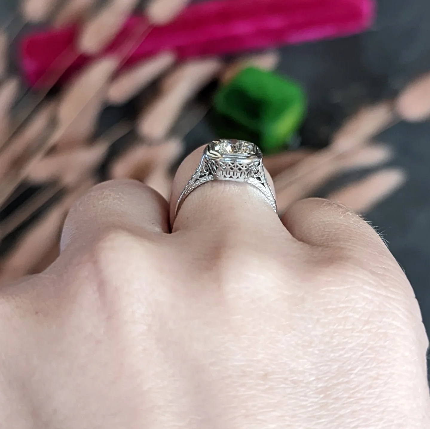 Art Deco 0.87 CTW Diamond Platinum Cushion Engagement Ring - Image 11