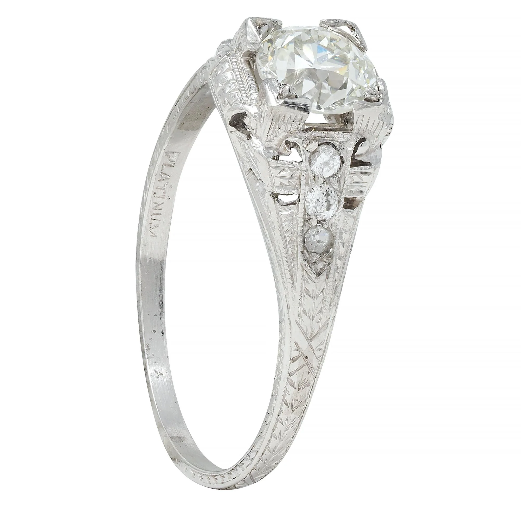 Art Deco 0.88 CTW Old European Cut Diamond Platinum Vintage Wheat Engagement Ring - Image 11