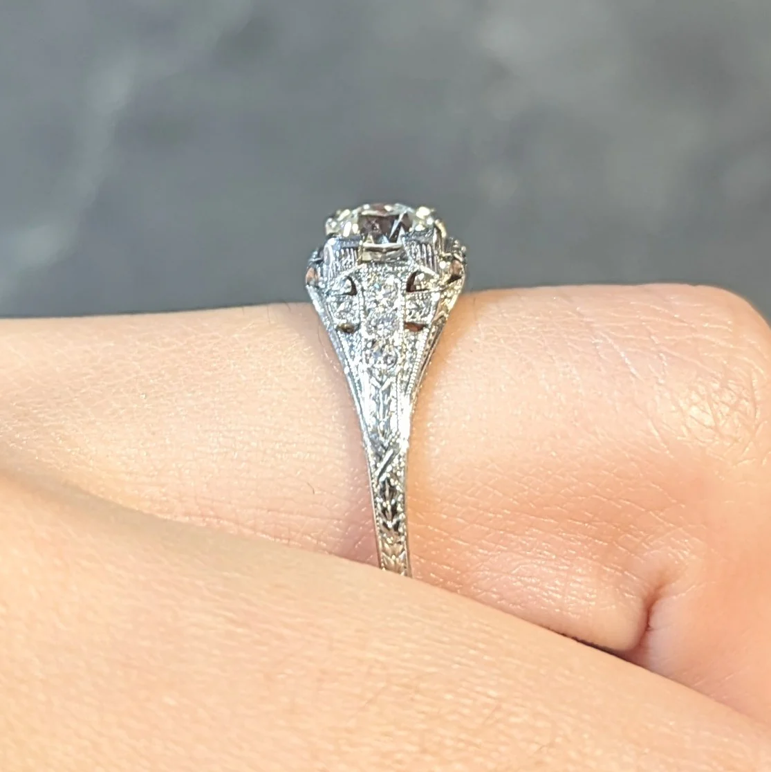 Art Deco 0.88 CTW Old European Cut Diamond Platinum Vintage Wheat Engagement Ring - Image 14