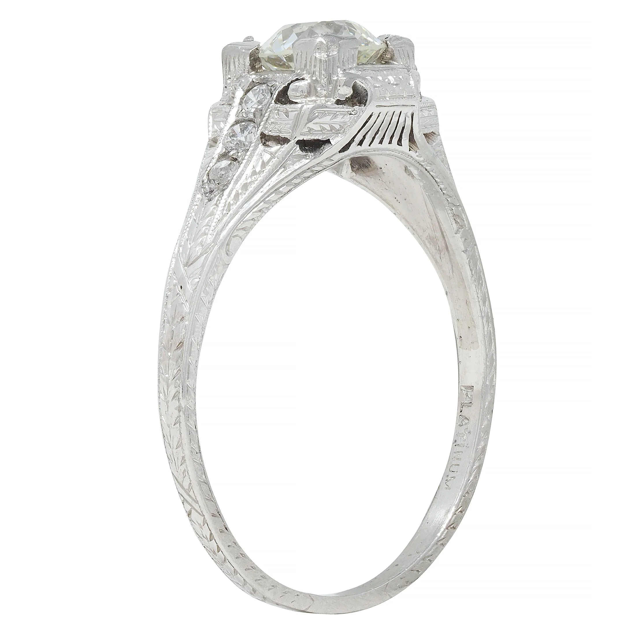 Art Deco 0.88 CTW Old European Cut Diamond Platinum Vintage Wheat Engagement Ring - Image 2