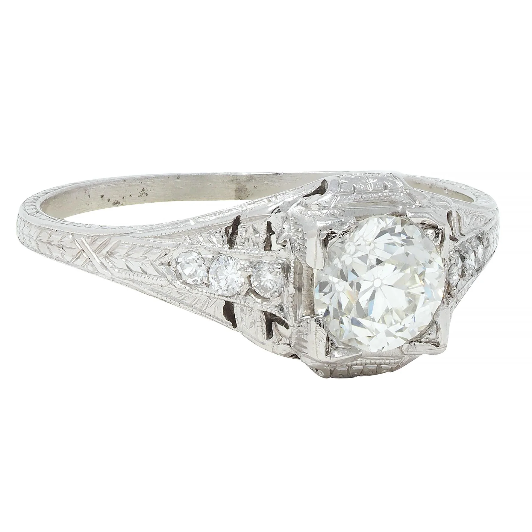 Art Deco 0.88 CTW Old European Cut Diamond Platinum Vintage Wheat Engagement Ring - Image 3