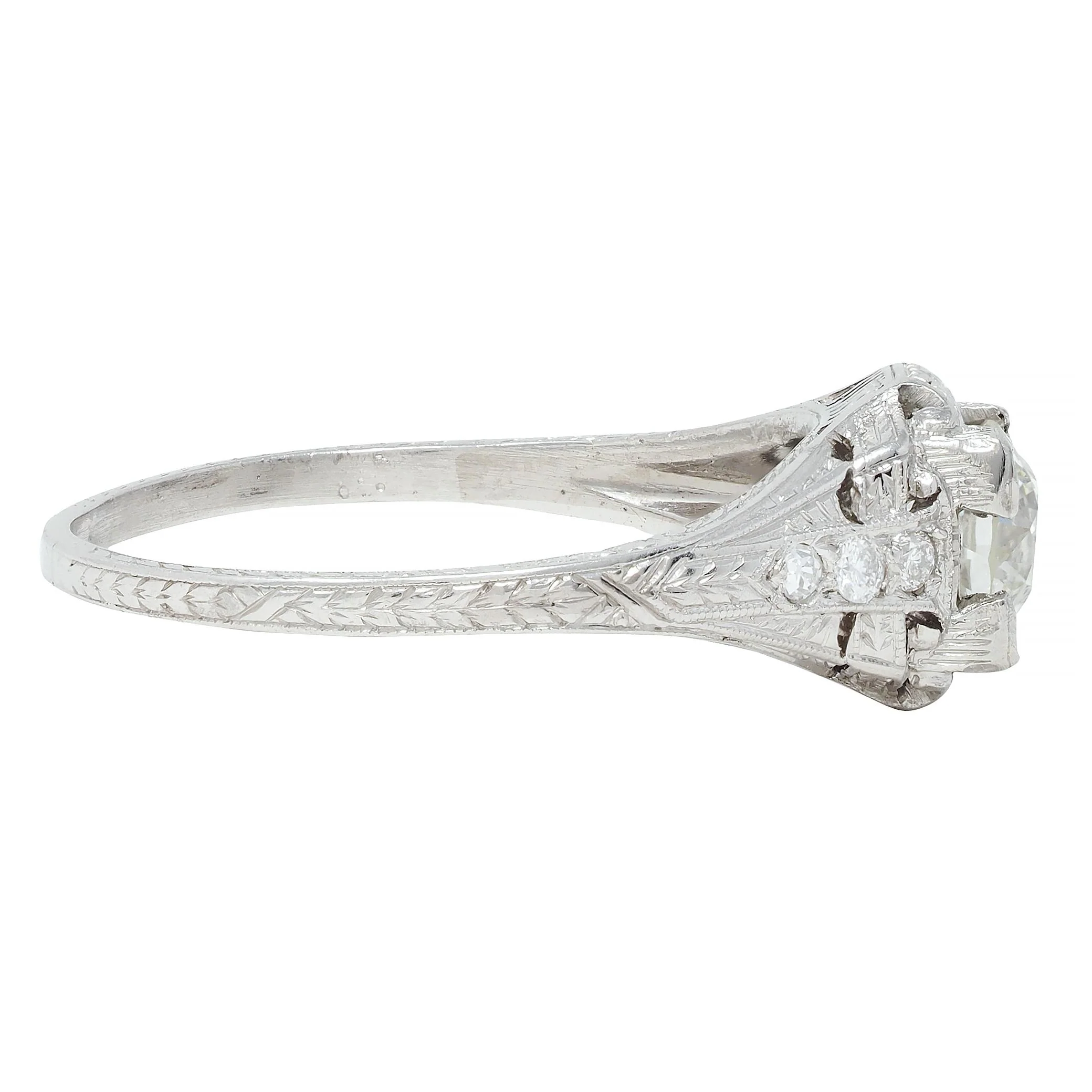Art Deco 0.88 CTW Old European Cut Diamond Platinum Vintage Wheat Engagement Ring - Image 4