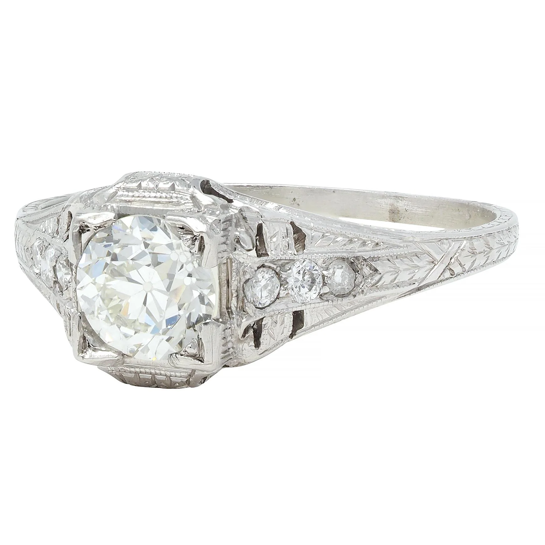 Art Deco 0.88 CTW Old European Cut Diamond Platinum Vintage Wheat Engagement Ring - Image 7