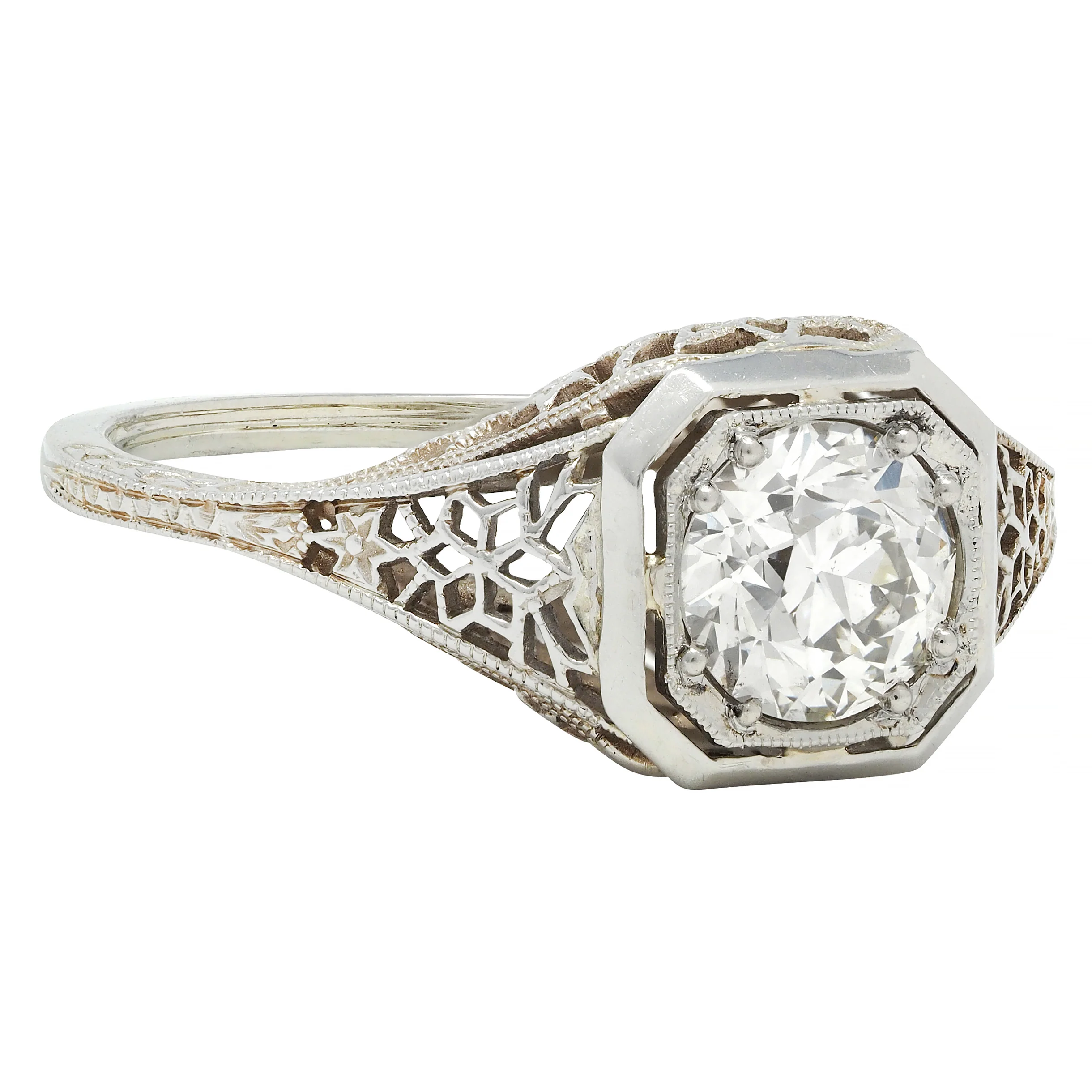 Art Deco 0.90 CTW Old European Cut Diamond Floral Vintage Engagement Ring - Image 3
