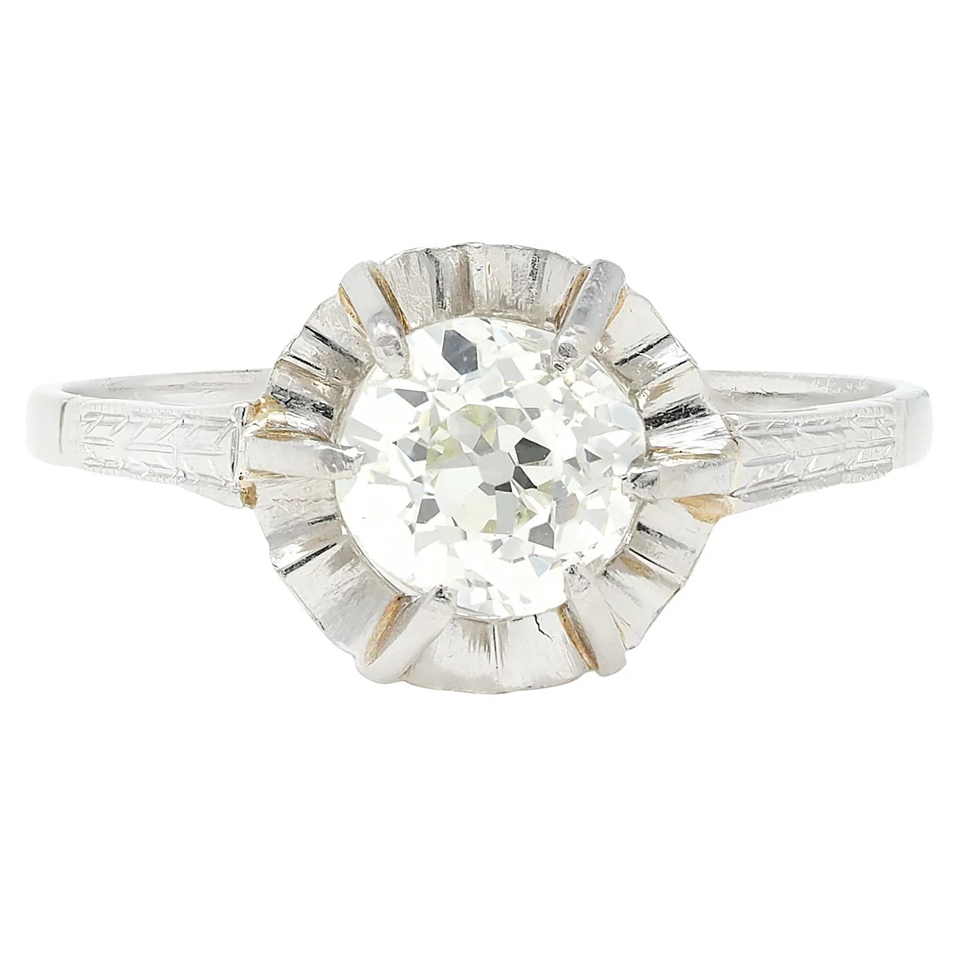 Art Deco 0.90 CTW Old Mine Cut Diamond Platinum Vintage Belcher Solitaire Engagement Ring