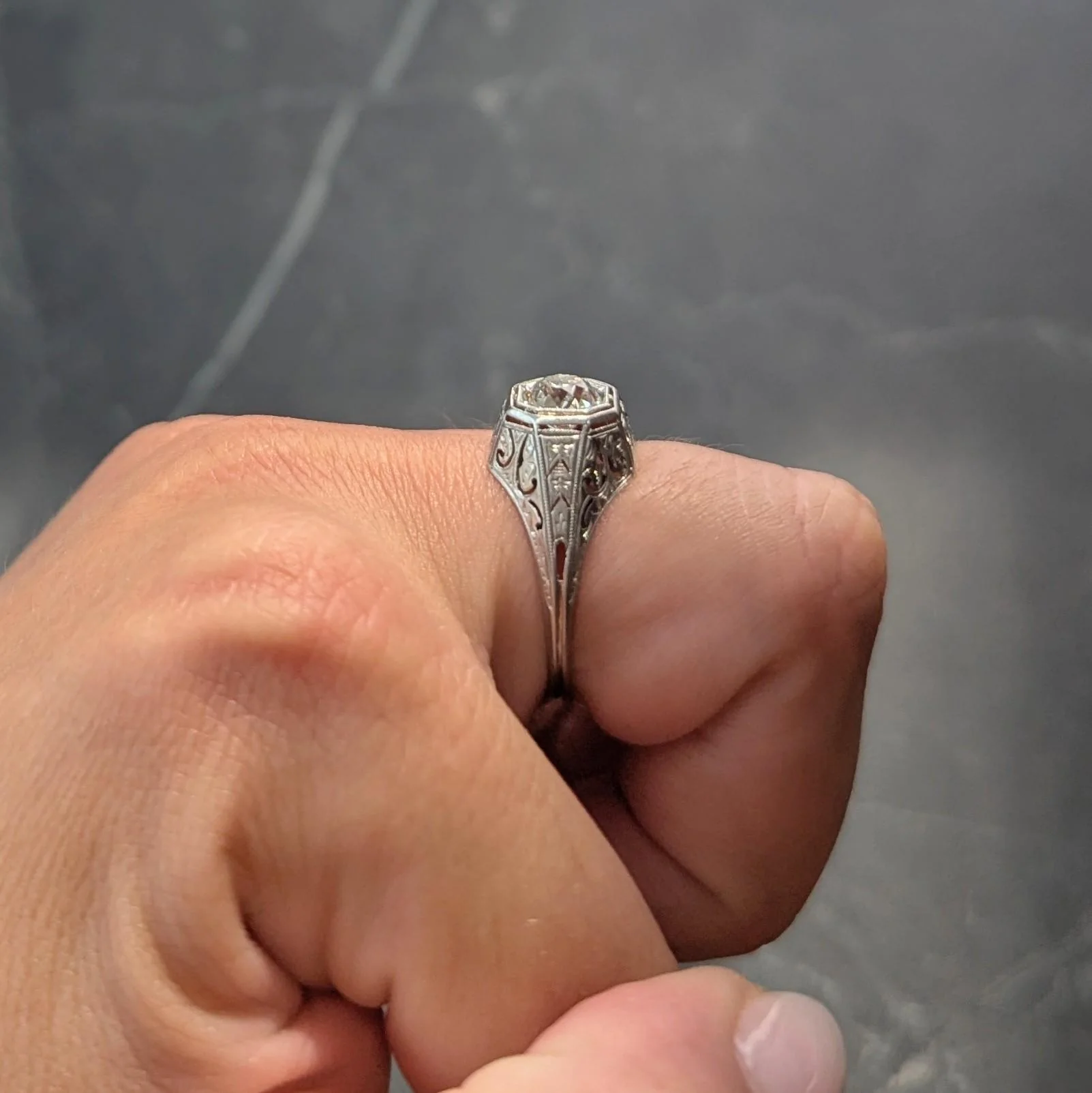 Art Deco 0.93 CTW Old Mine Cut Diamond Platinum Vintage Scrolling Solitaire Engagement Ring - Image 11
