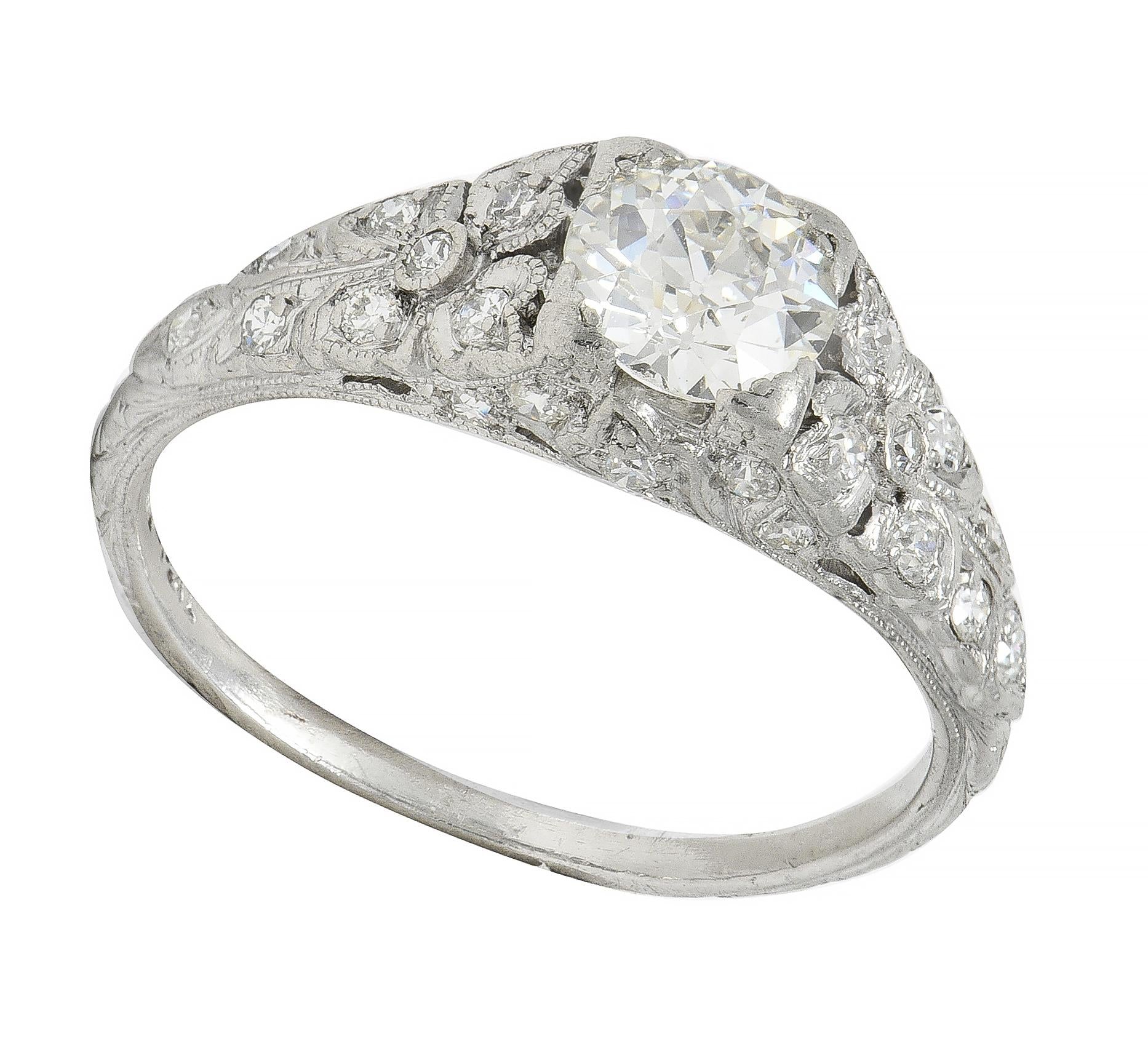 Art Deco 0.95 CTW Old European Cut Diamond Platinum Antique Floral Engagement Ring - Image 11