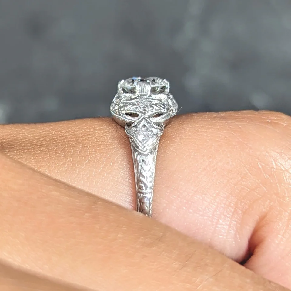 Art Deco 0.96 CTW Diamond Platinum Wheat Engagement Ring - Image 14