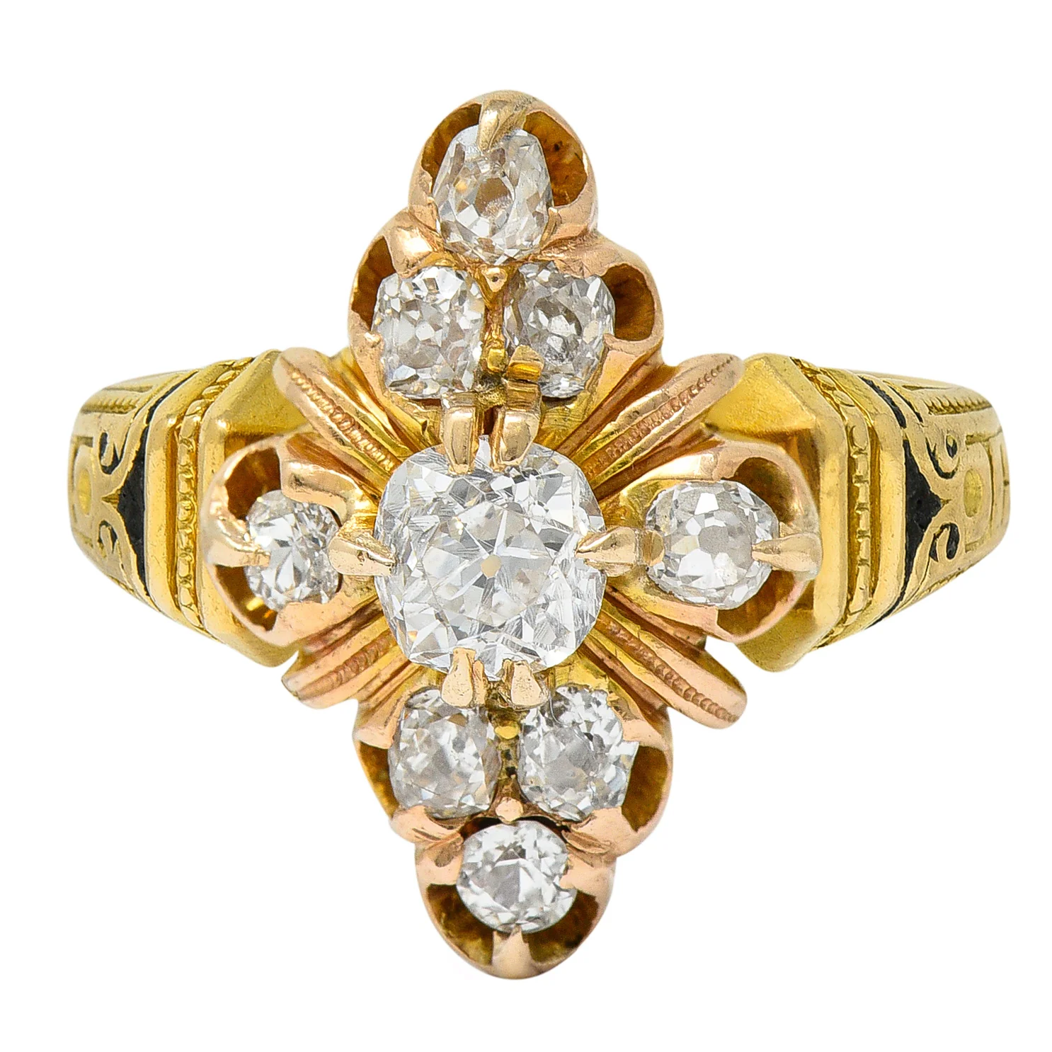 Art Deco 1.00 CTW Diamond Enamel 18 Karat Gold Navette Cluster Ring