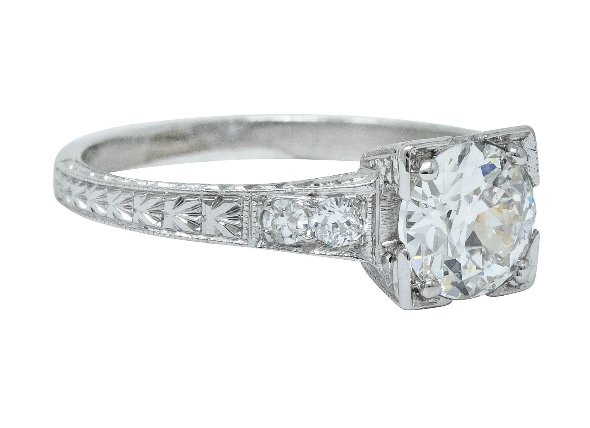 Art Deco 1.00 CTW Diamond Platinum Engraved Foliate Engagement Ring GIA - Image 2