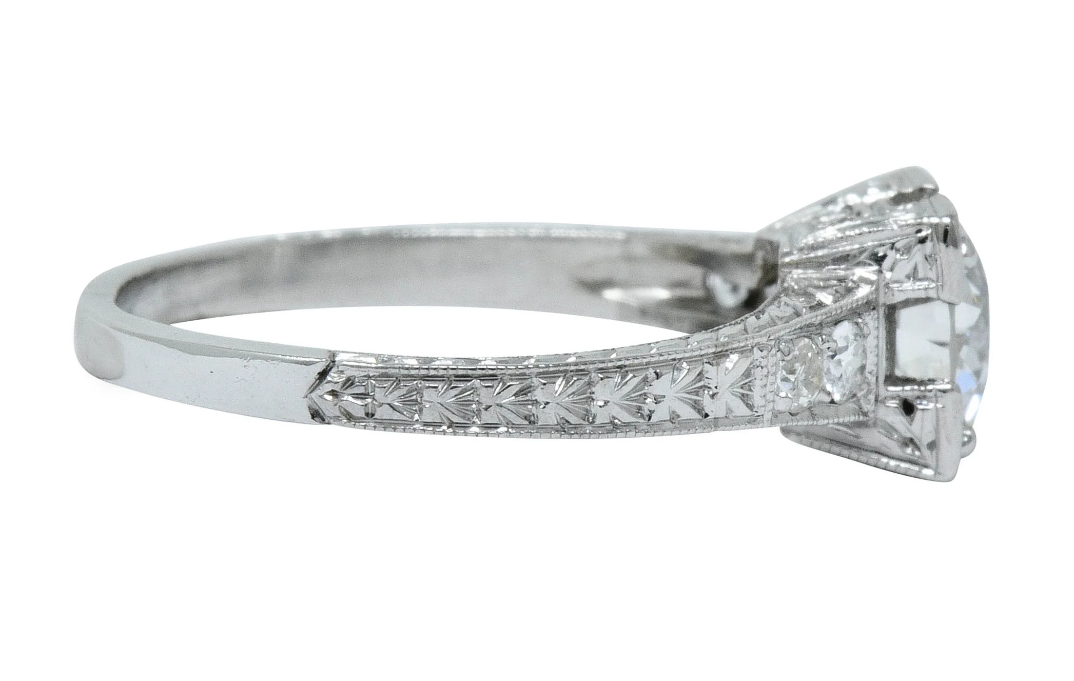 Art Deco 1.00 CTW Diamond Platinum Engraved Foliate Engagement Ring GIA - Image 3