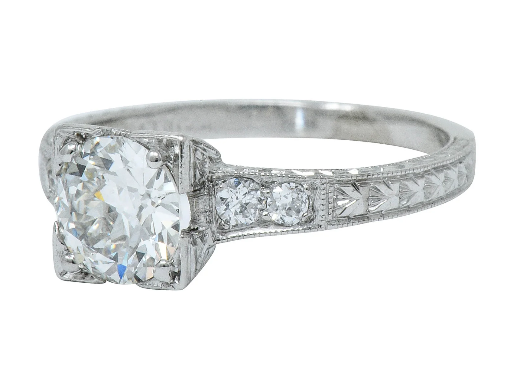 Art Deco 1.00 CTW Diamond Platinum Engraved Foliate Engagement Ring GIA - Image 6