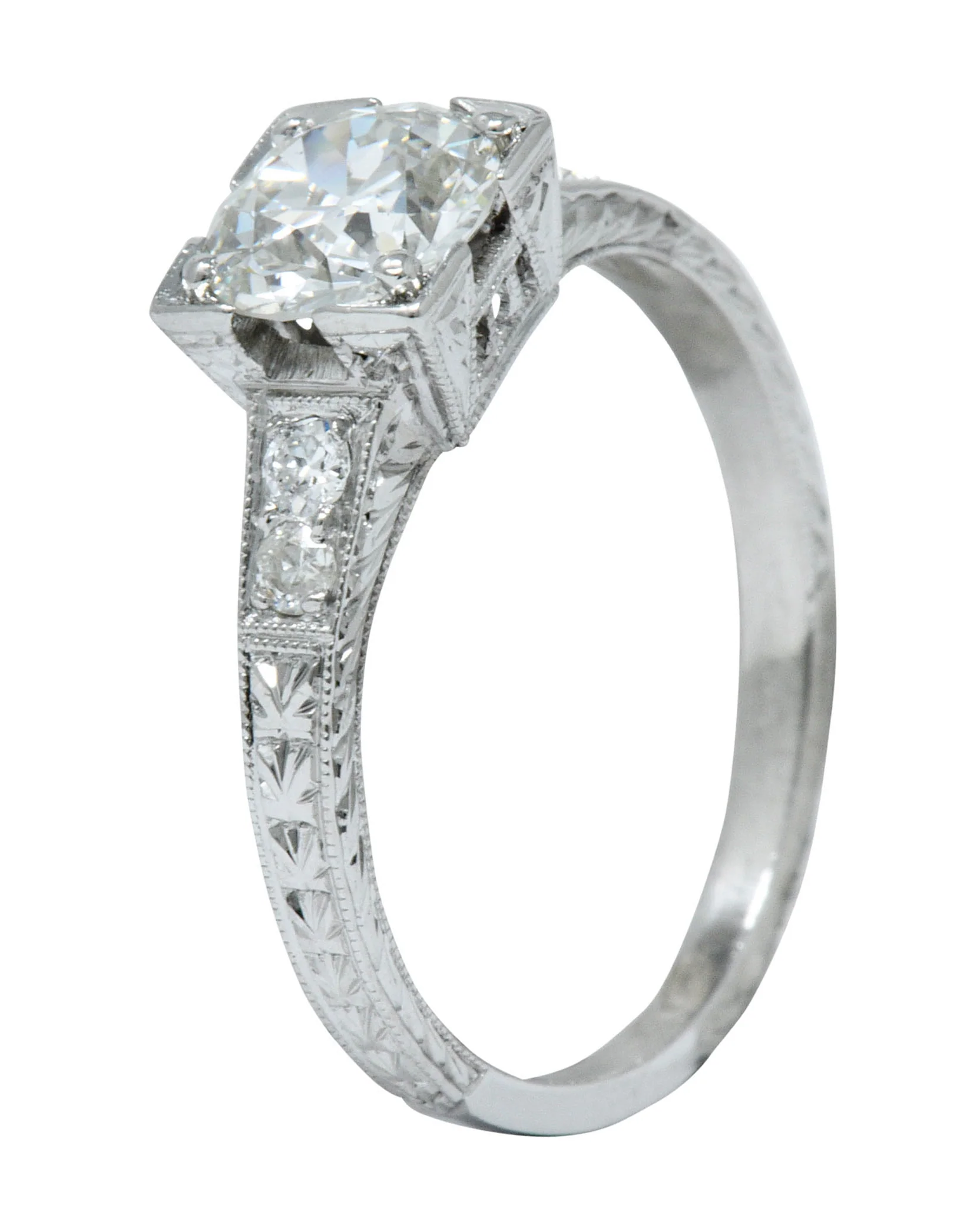 Art Deco 1.00 CTW Diamond Platinum Engraved Foliate Engagement Ring GIA - Image 9
