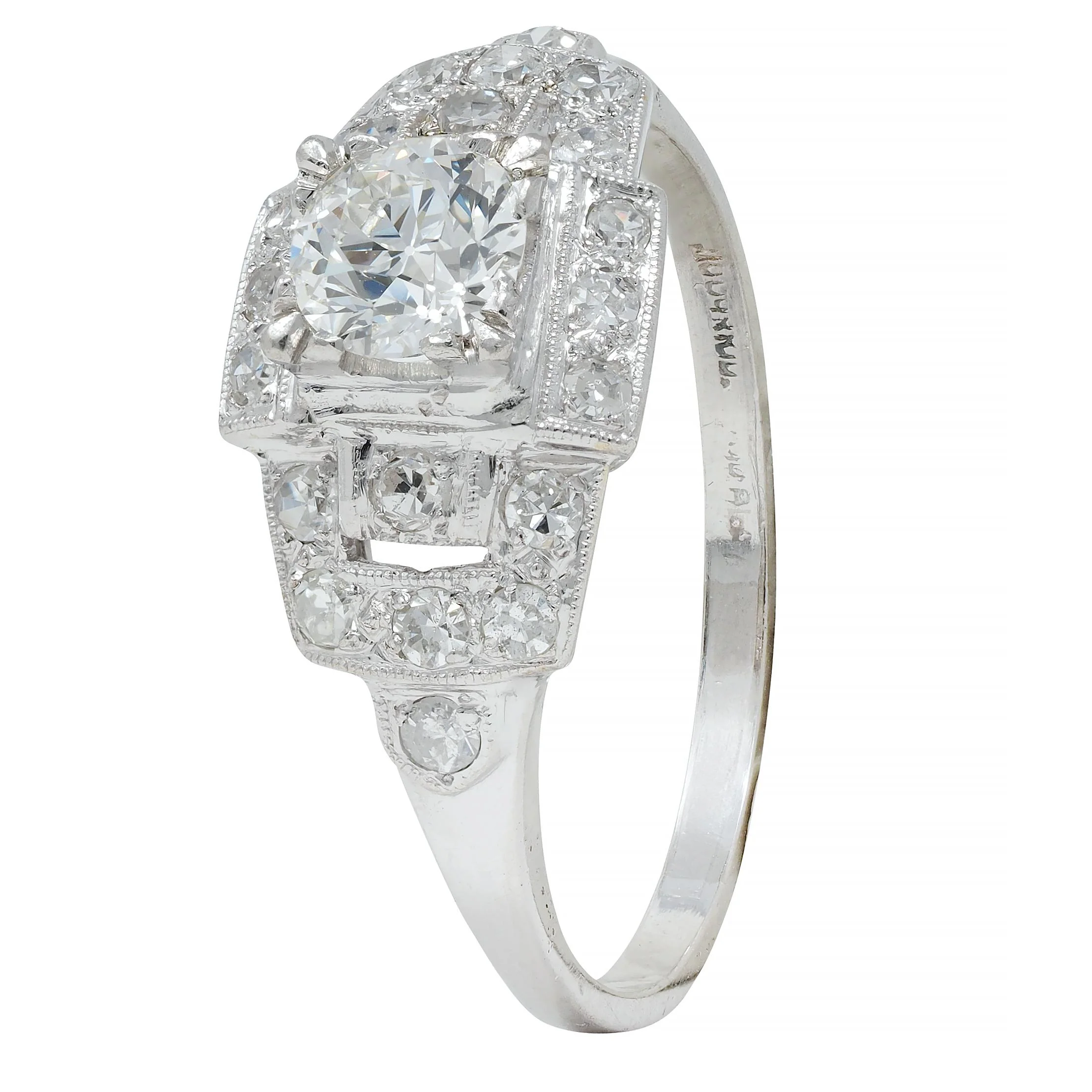 Art Deco 1.00 CTW Old European Diamond Platinum Buckle Vintage Engagement Ring - Image 8