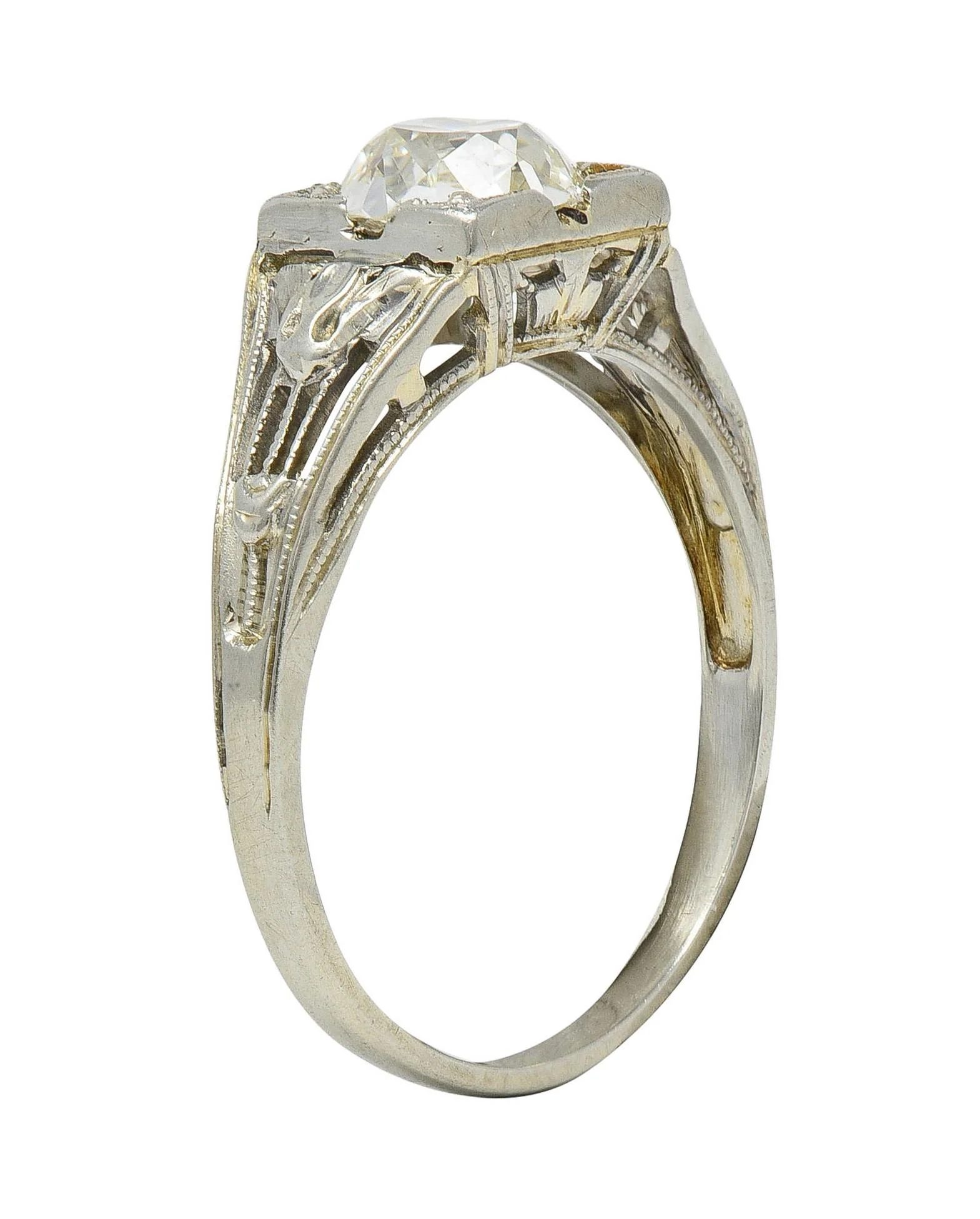 Art Deco 1.02 CTW Diamond 18 Karat White Gold Antique Lotus Engagement Ring GIA - Image 10