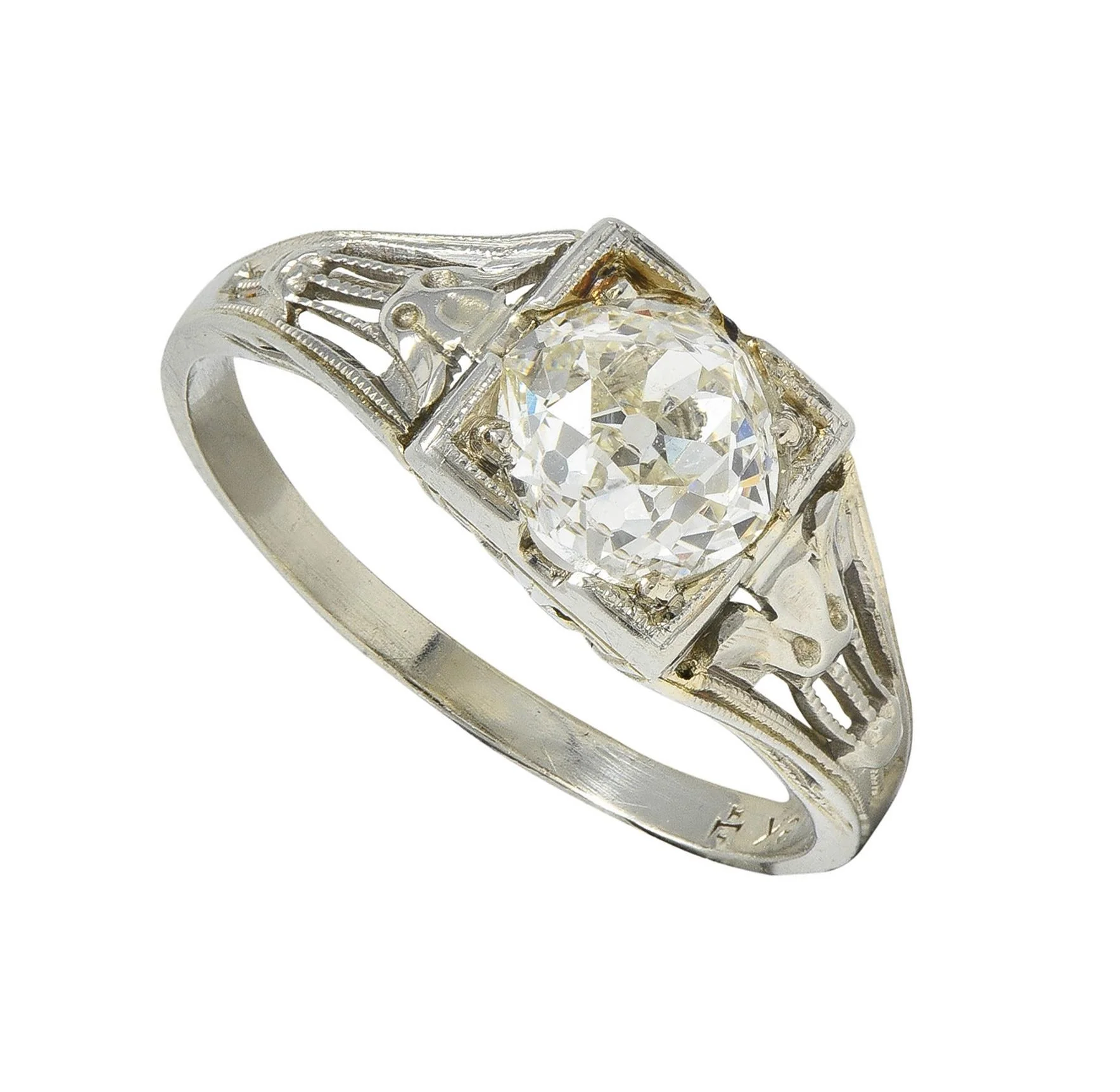 Art Deco 1.02 CTW Diamond 18 Karat White Gold Antique Lotus Engagement Ring GIA - Image 11
