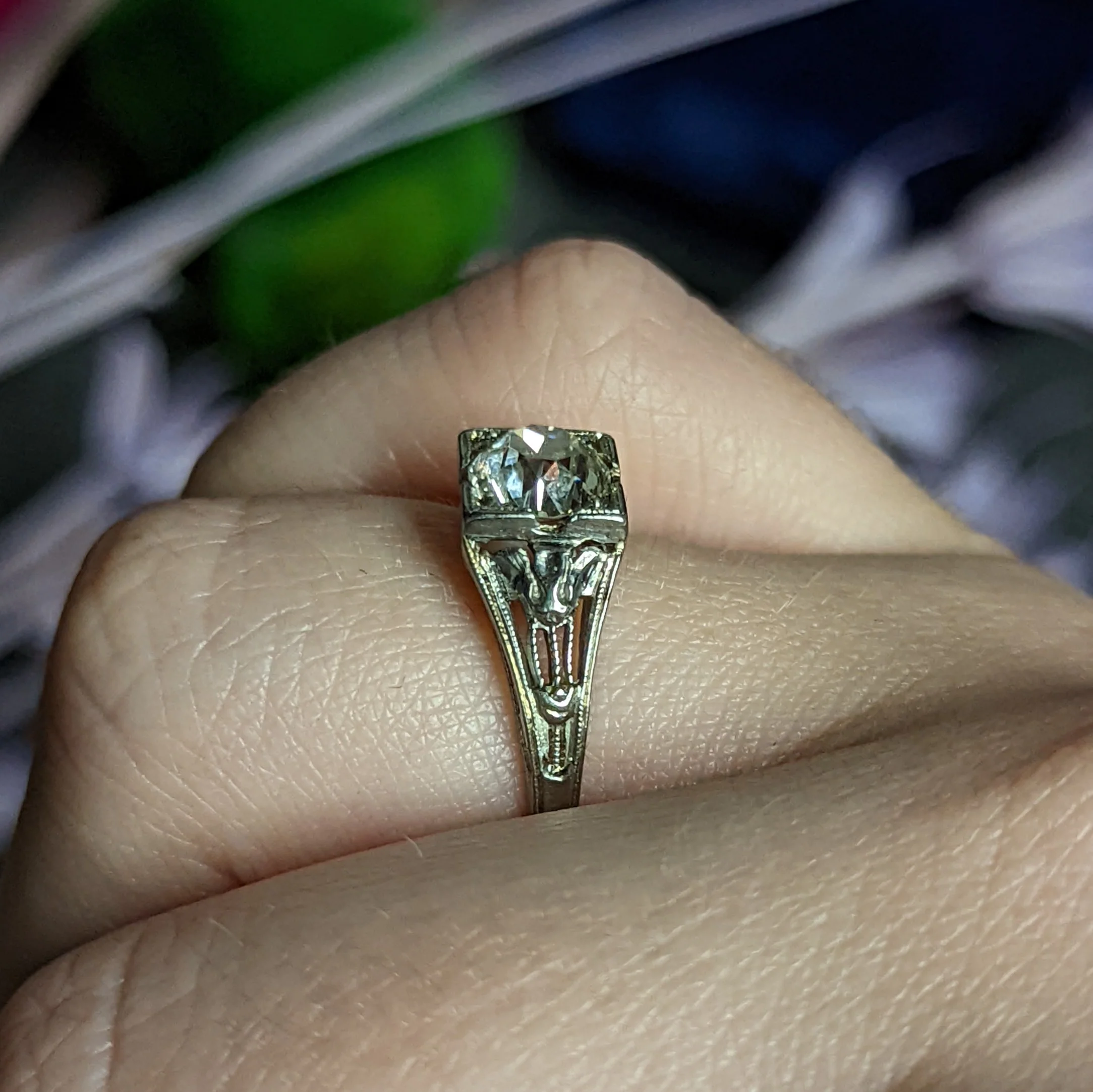 Art Deco 1.02 CTW Diamond 18 Karat White Gold Lotus Engagement Ring GIA - Image 15